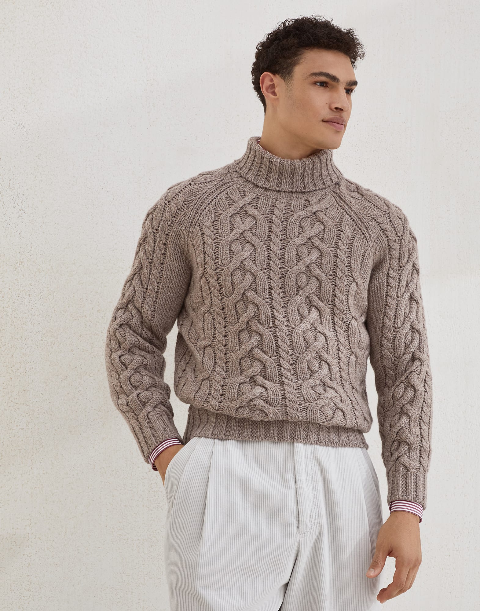 Cashmere Feather yarn cable knit turtleneck sweater