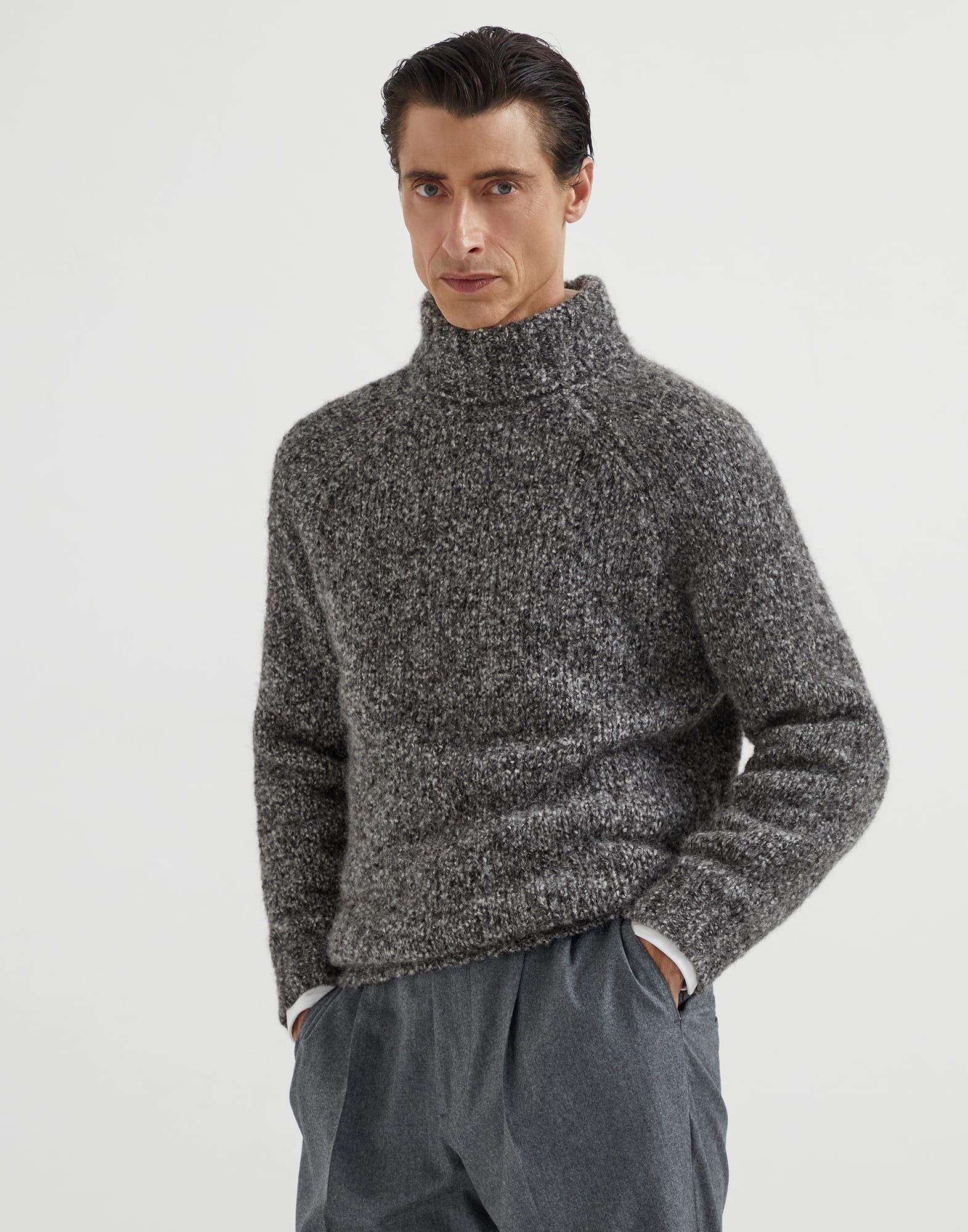 Flecked alpaca, virgin wool and cashmere turtleneck sweater with raglan sleeves