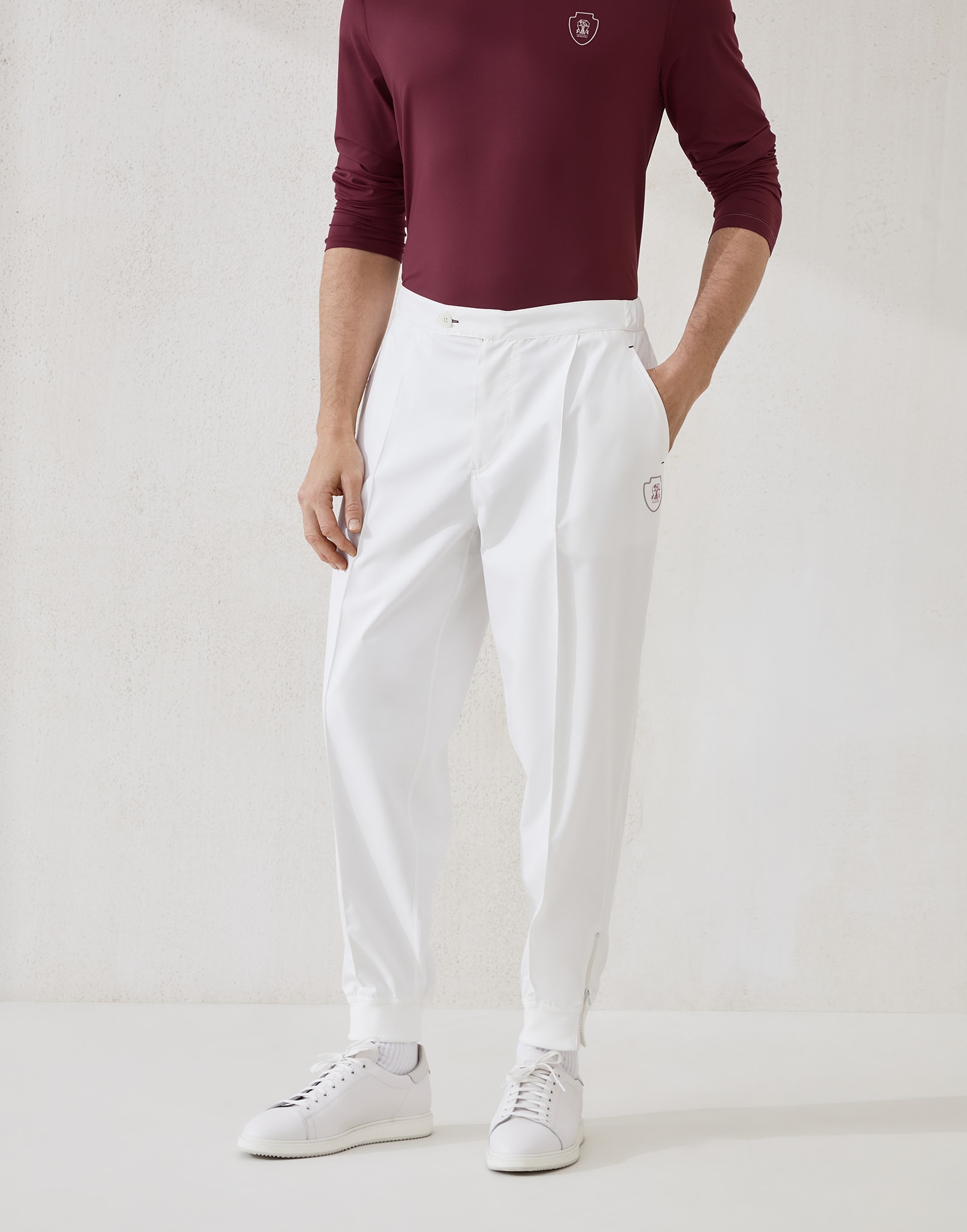 Nylon trousers with tabbed waistband, Crête detail and elasticated zipper cuffs