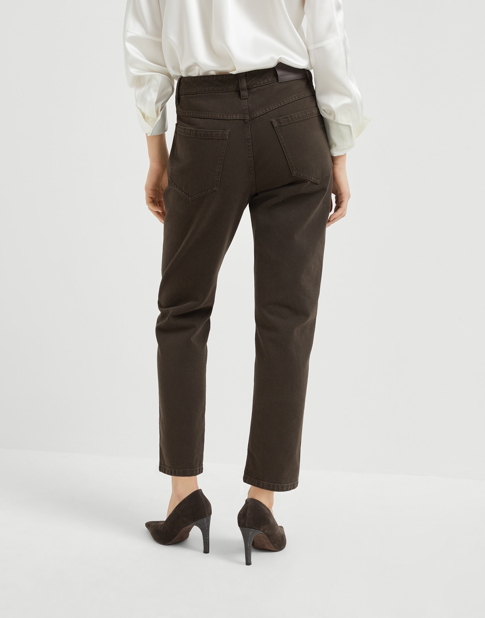 Dyed denim five-pocket straight trousers with shiny bartack