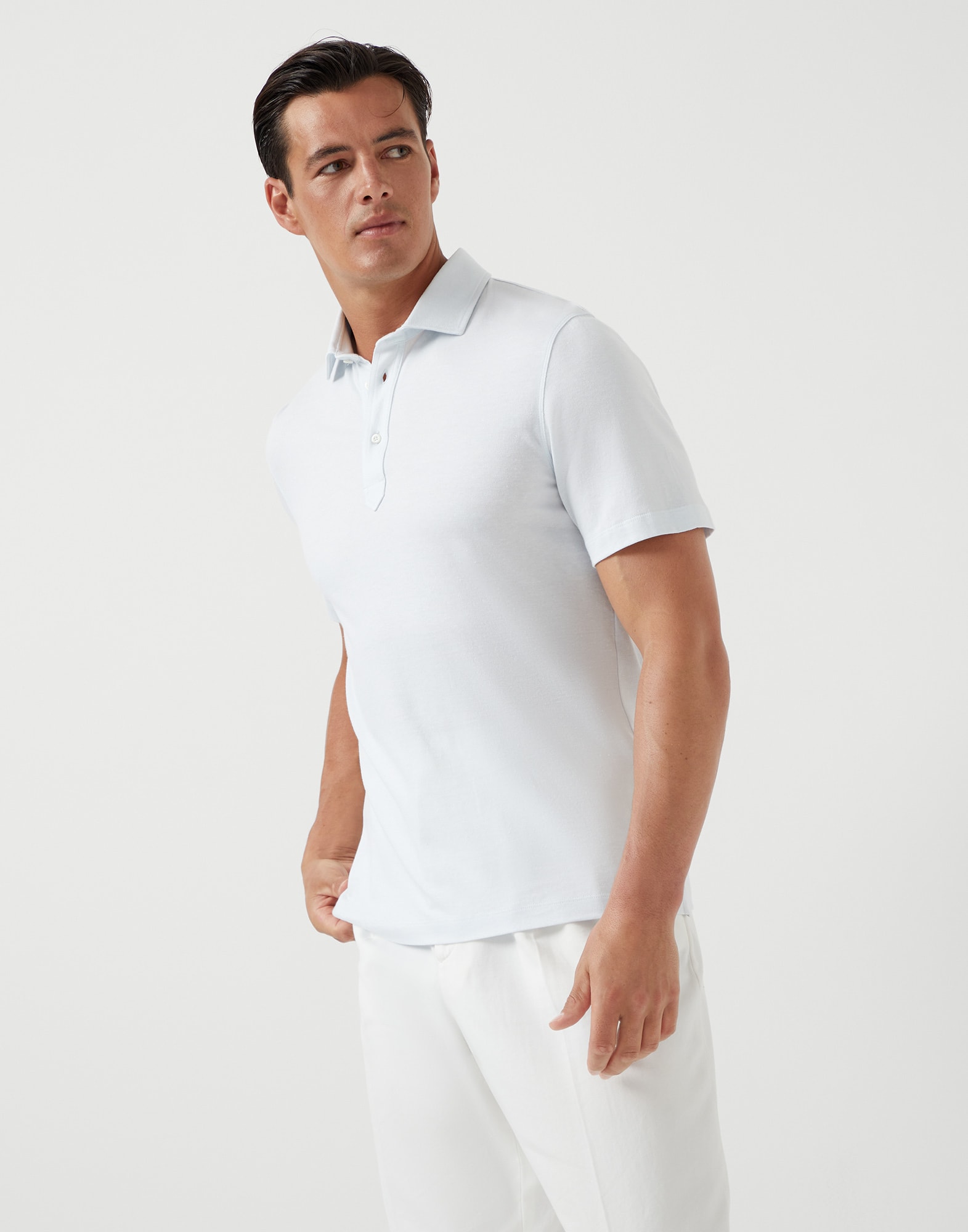 Cotton and linen piqué polo with shirt-style collar
