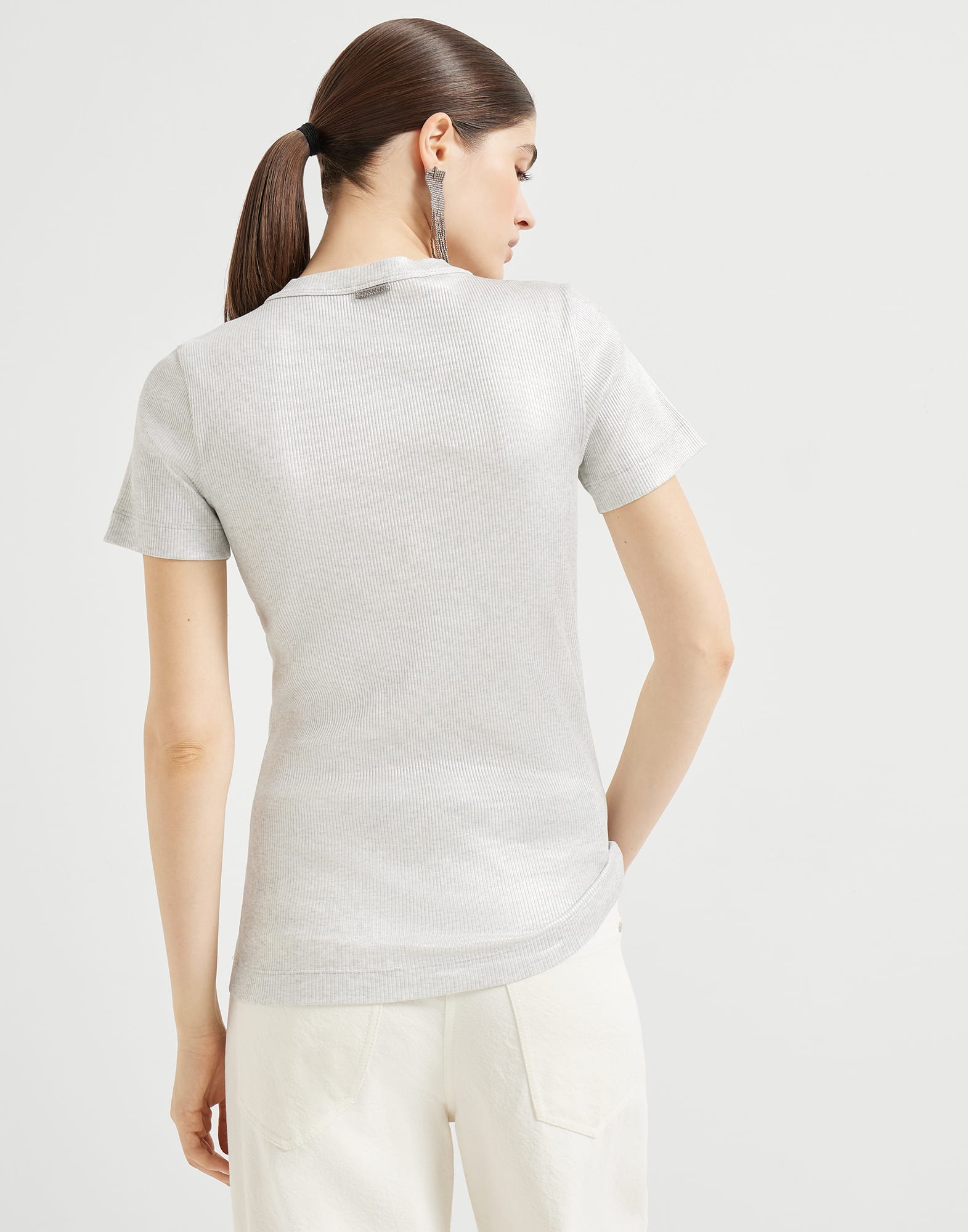 Sparkling stretch cotton ribbed jersey T-shirt with shiny tab