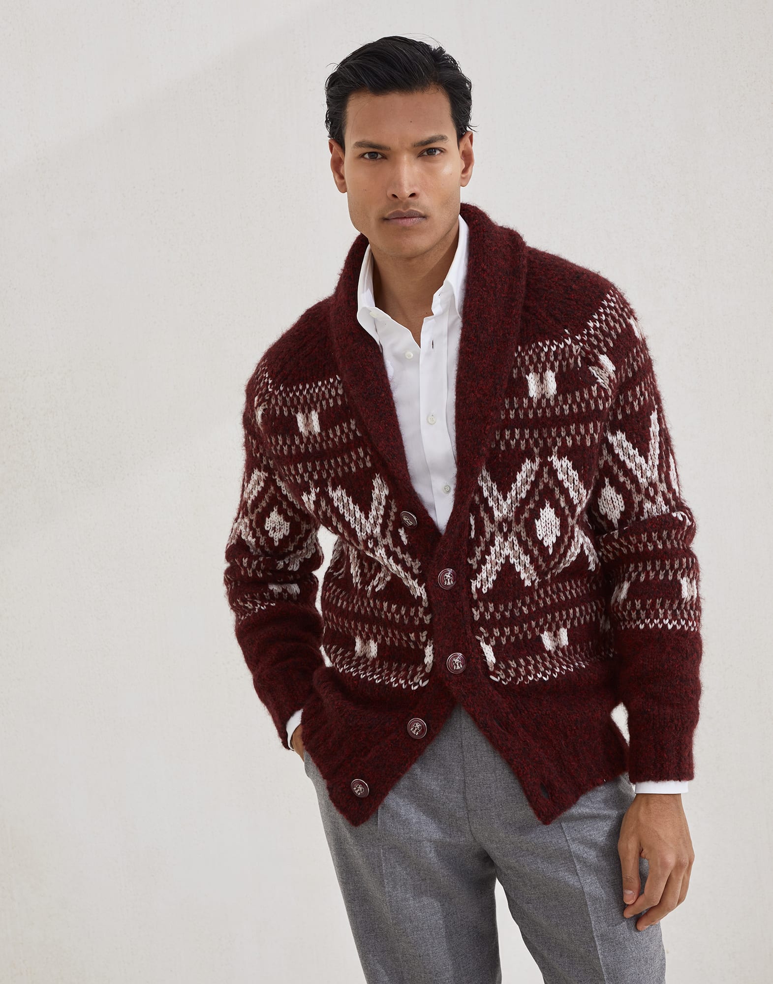 Alpaca, virgin wool and cashmere geometric jacquard cardigan with metal buttons