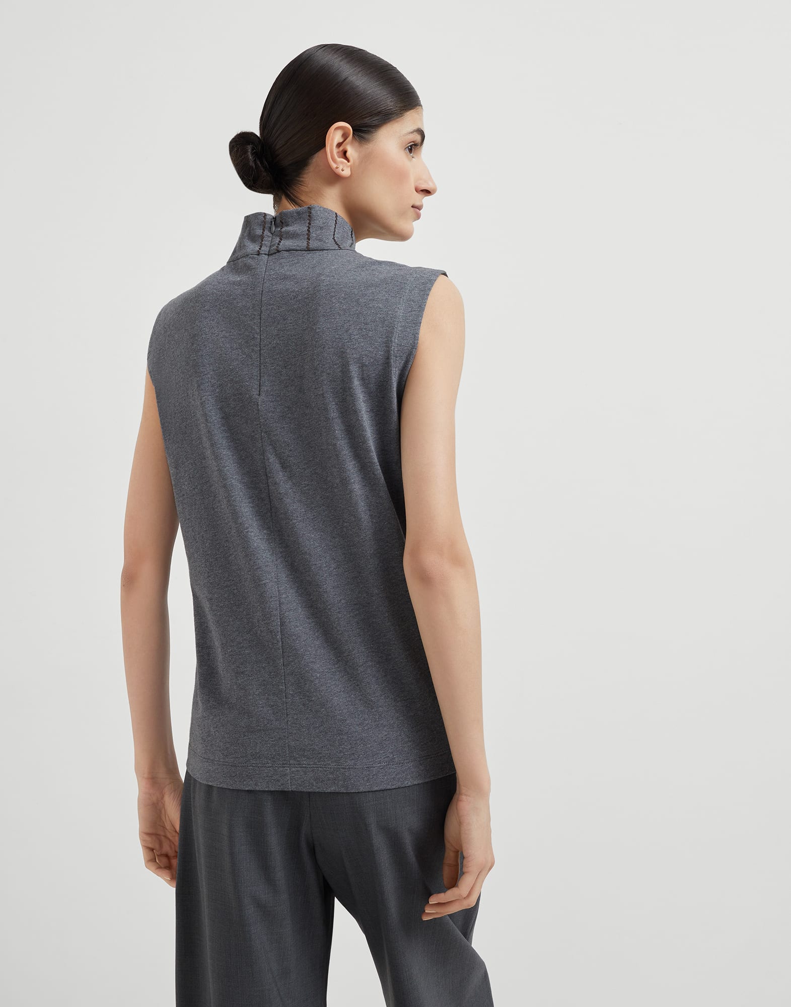 Cotton jersey turtleneck top with dazzling chalk stripe embroidery