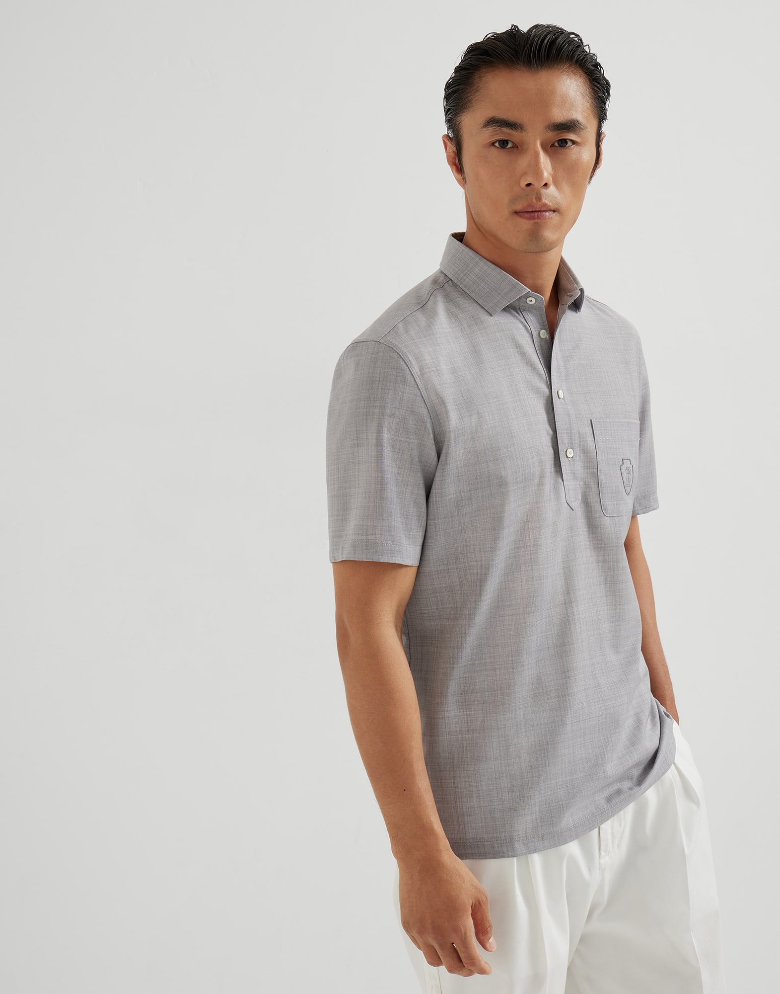 Virgin wool poplin polo shirt with chest pocket and logo