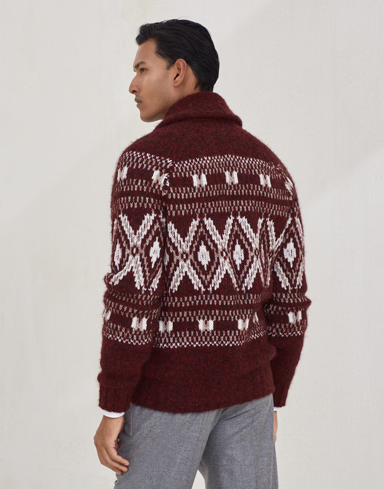 Alpaca, virgin wool and cashmere geometric jacquard cardigan with metal buttons