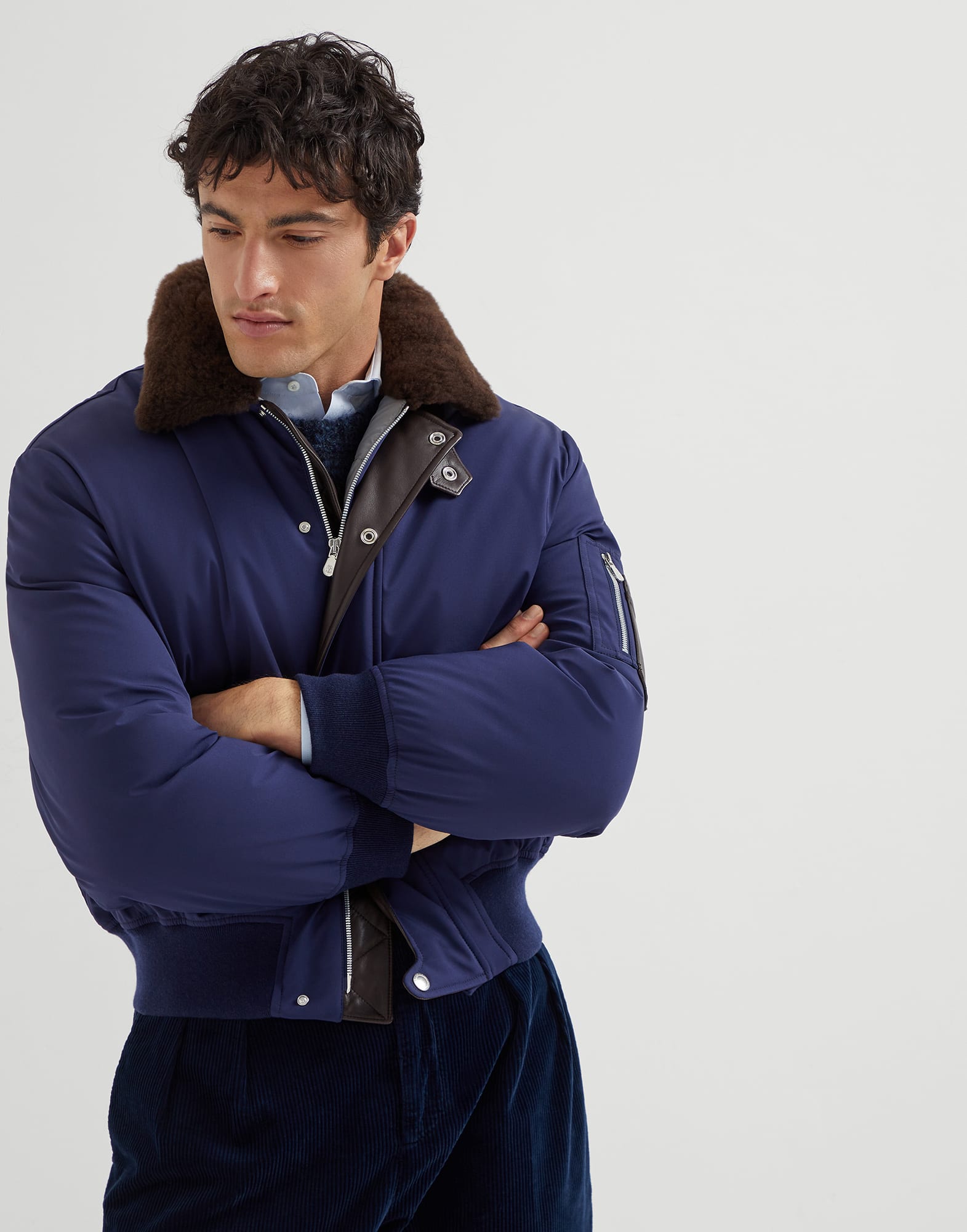 Stretch bonded nylon down jacket with shearling-lined collar