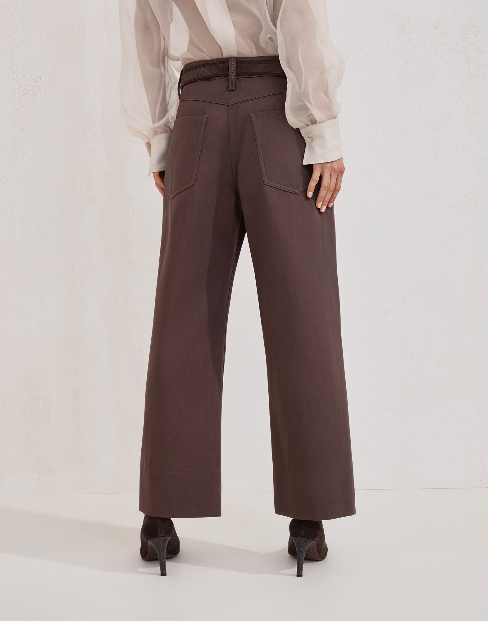Couture cotton gabardine square chino trousers with monili