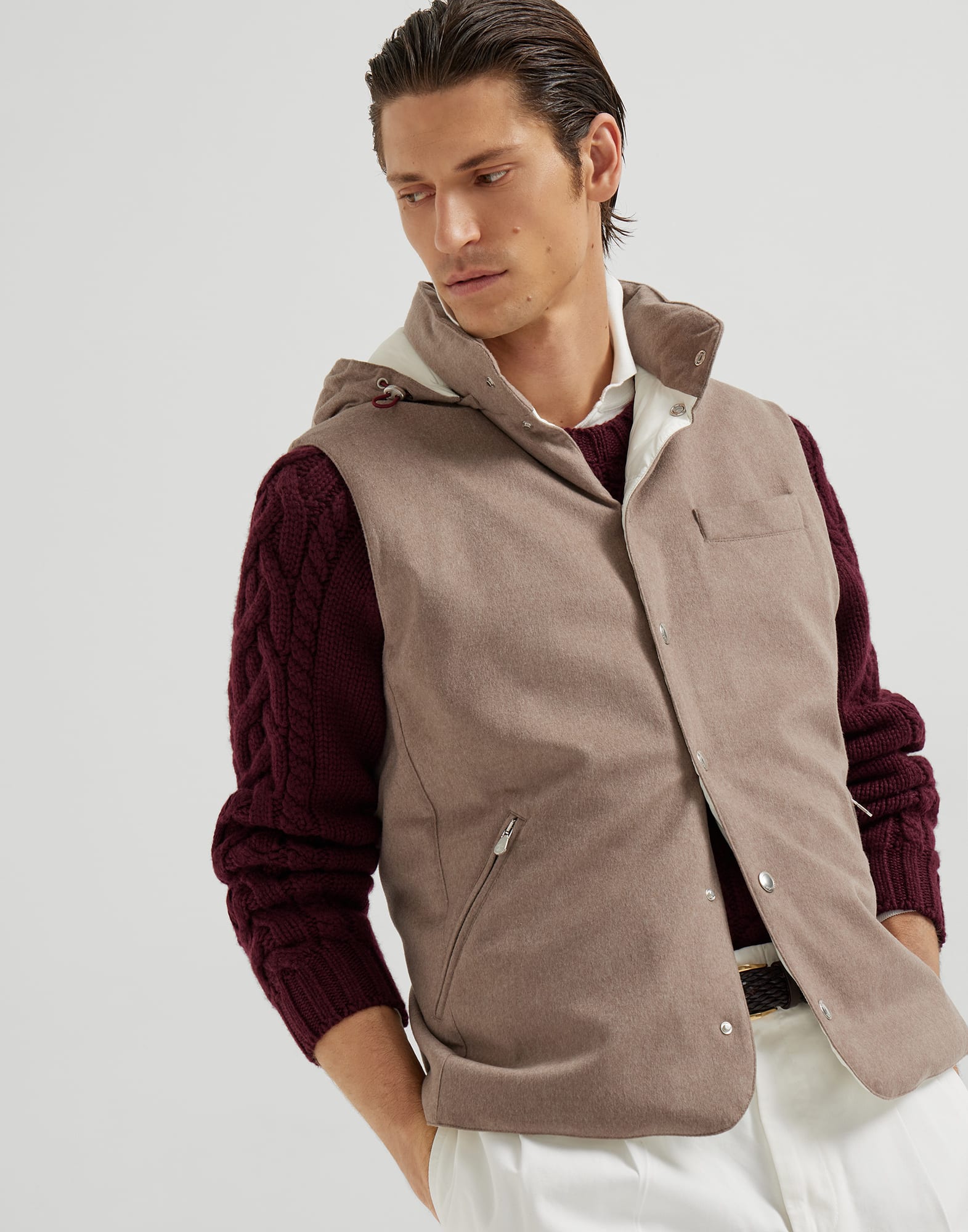 Bonded wool flannel down vest with detachable hood