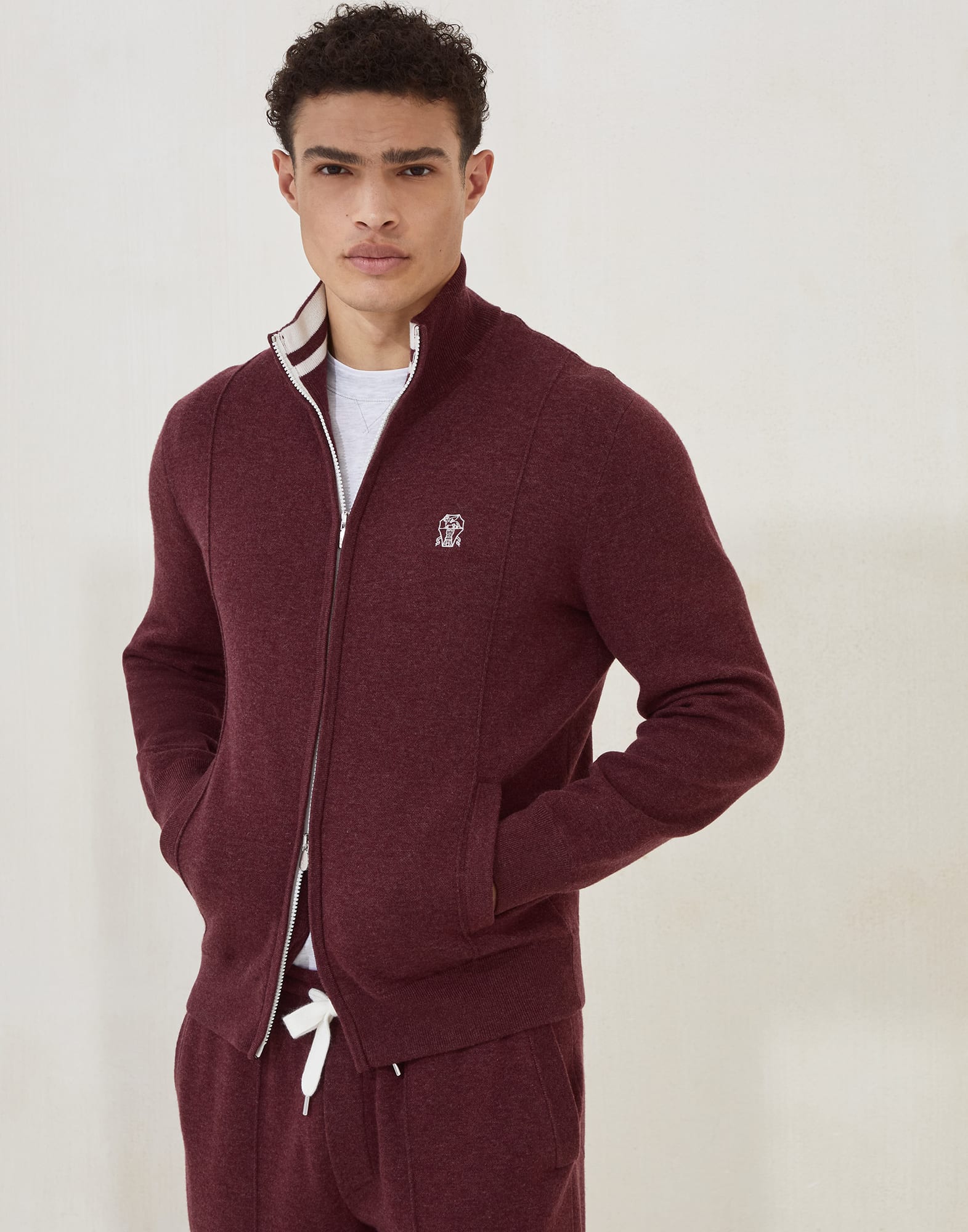 Cashmere double knit cardigan with zipper and logo