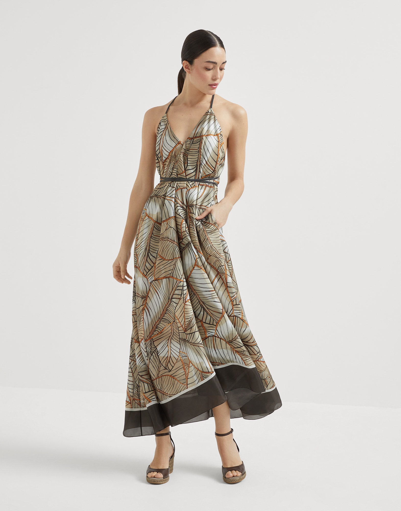 Silk papyrus print pongée dress with precious straps