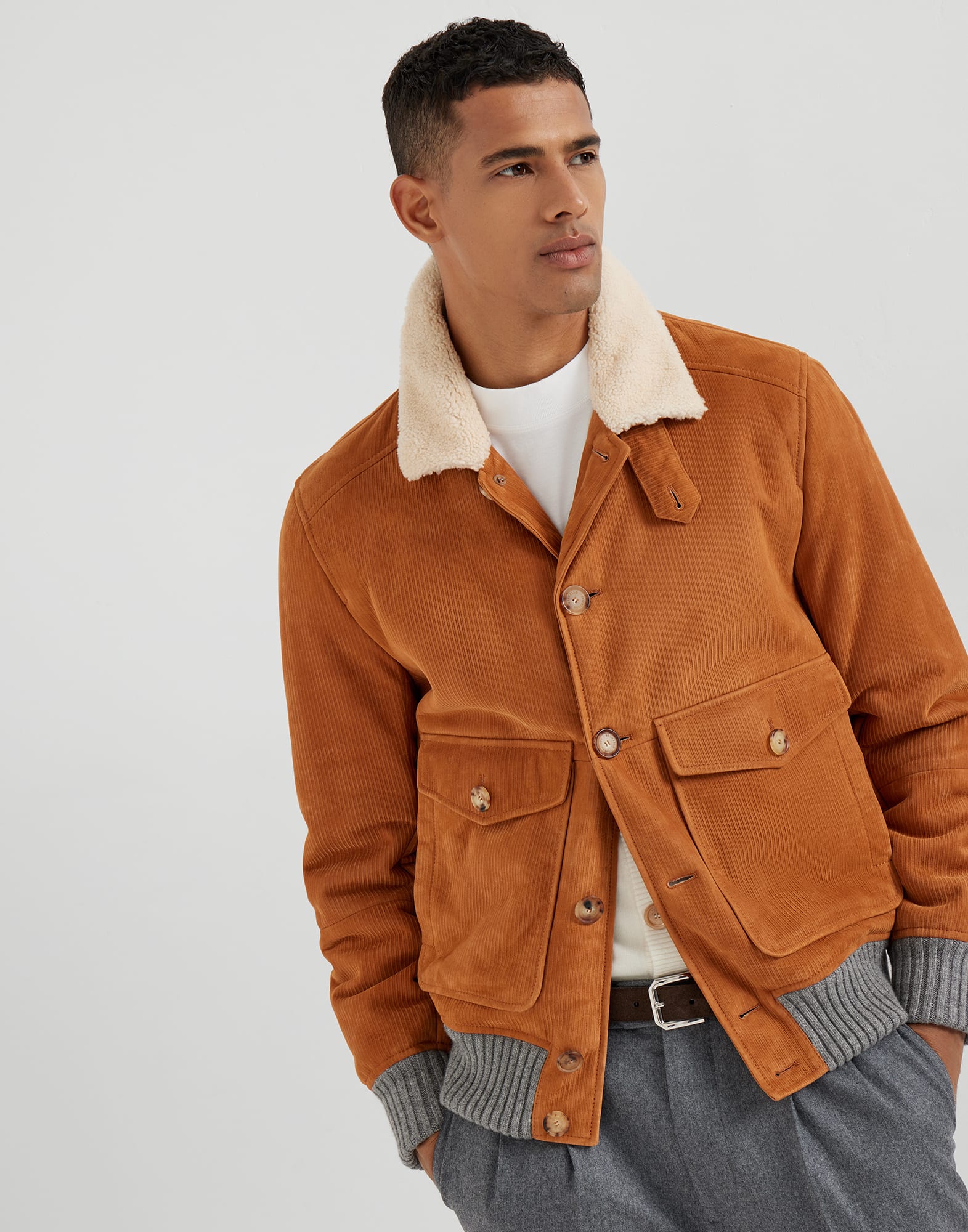 Corduroy-effect suede shearling aviator jacket with cashmere knit inserts