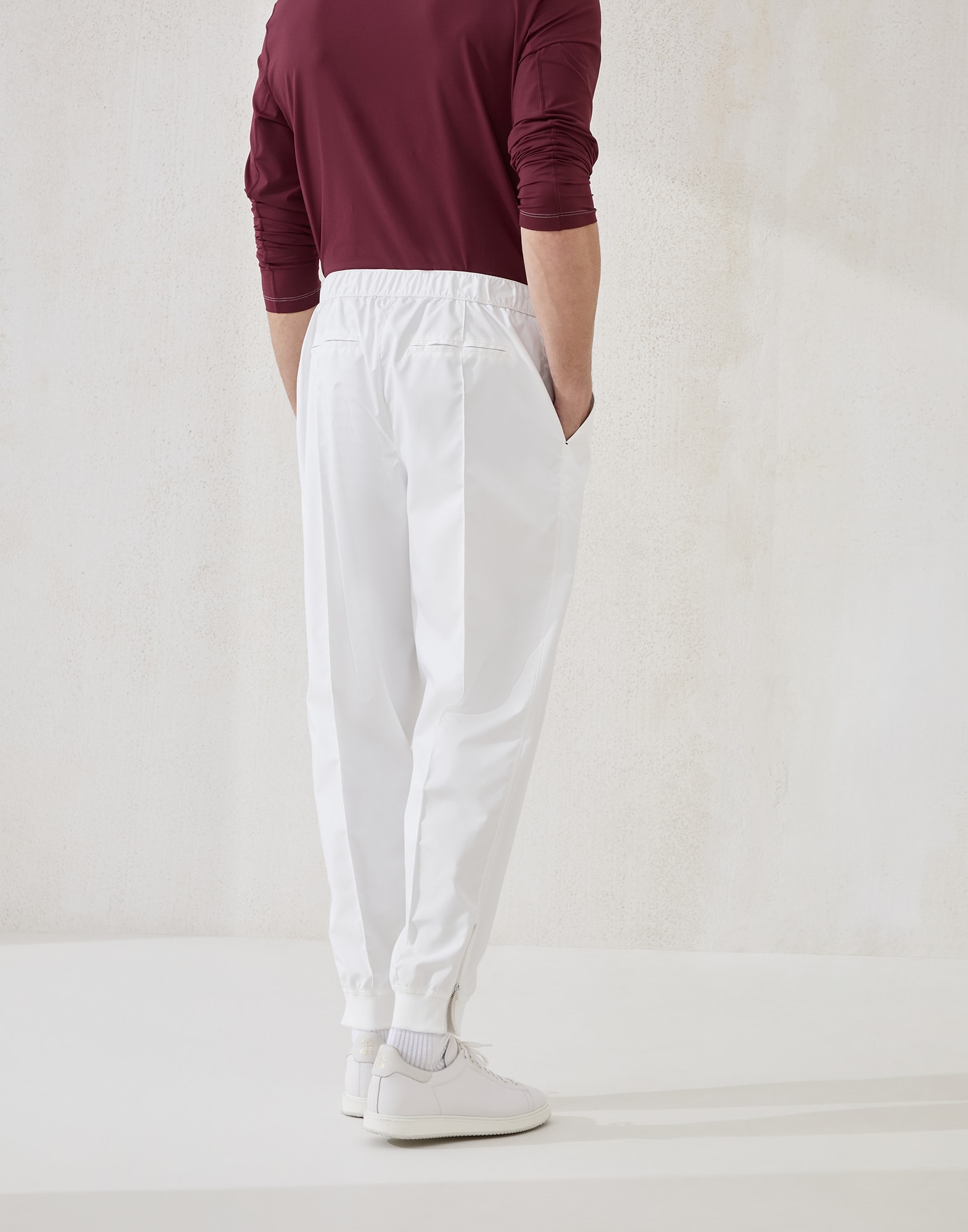 Nylon trousers with tabbed waistband, Crête detail and elasticated zipper cuffs