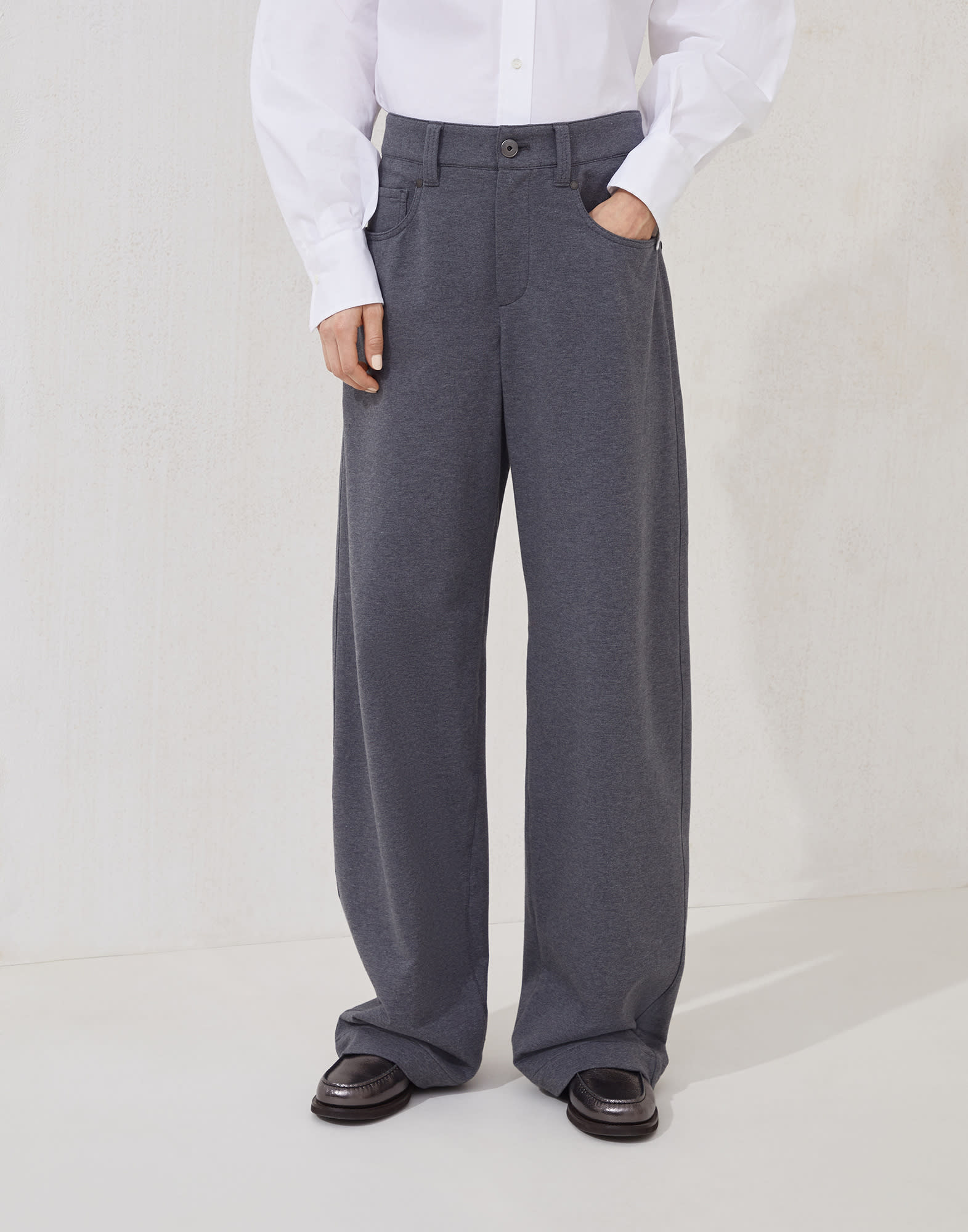 Stretch cotton lightweight French terry loose five-pocket trousers with monili