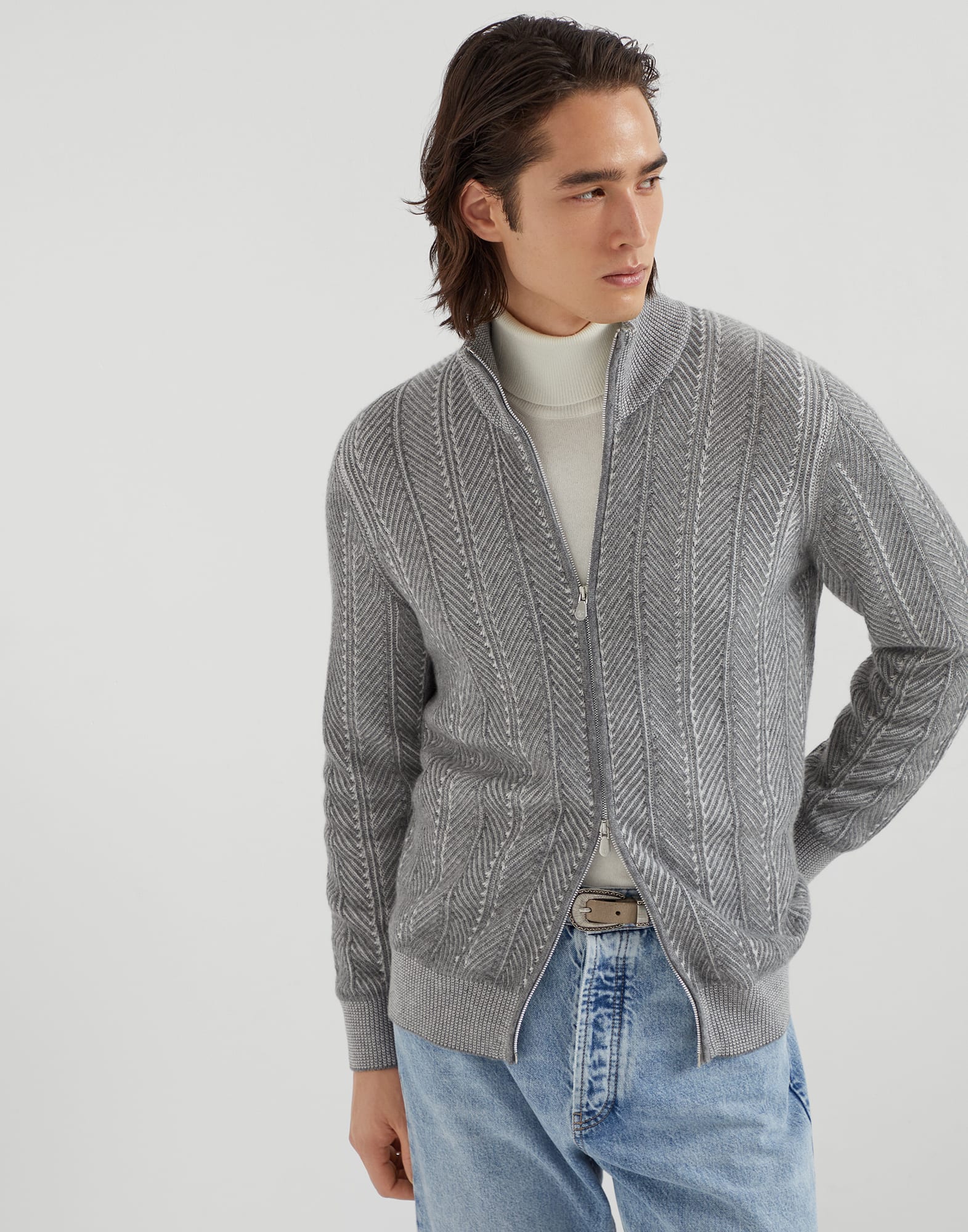 Cashmere vanisé chevron cardigan with zipper