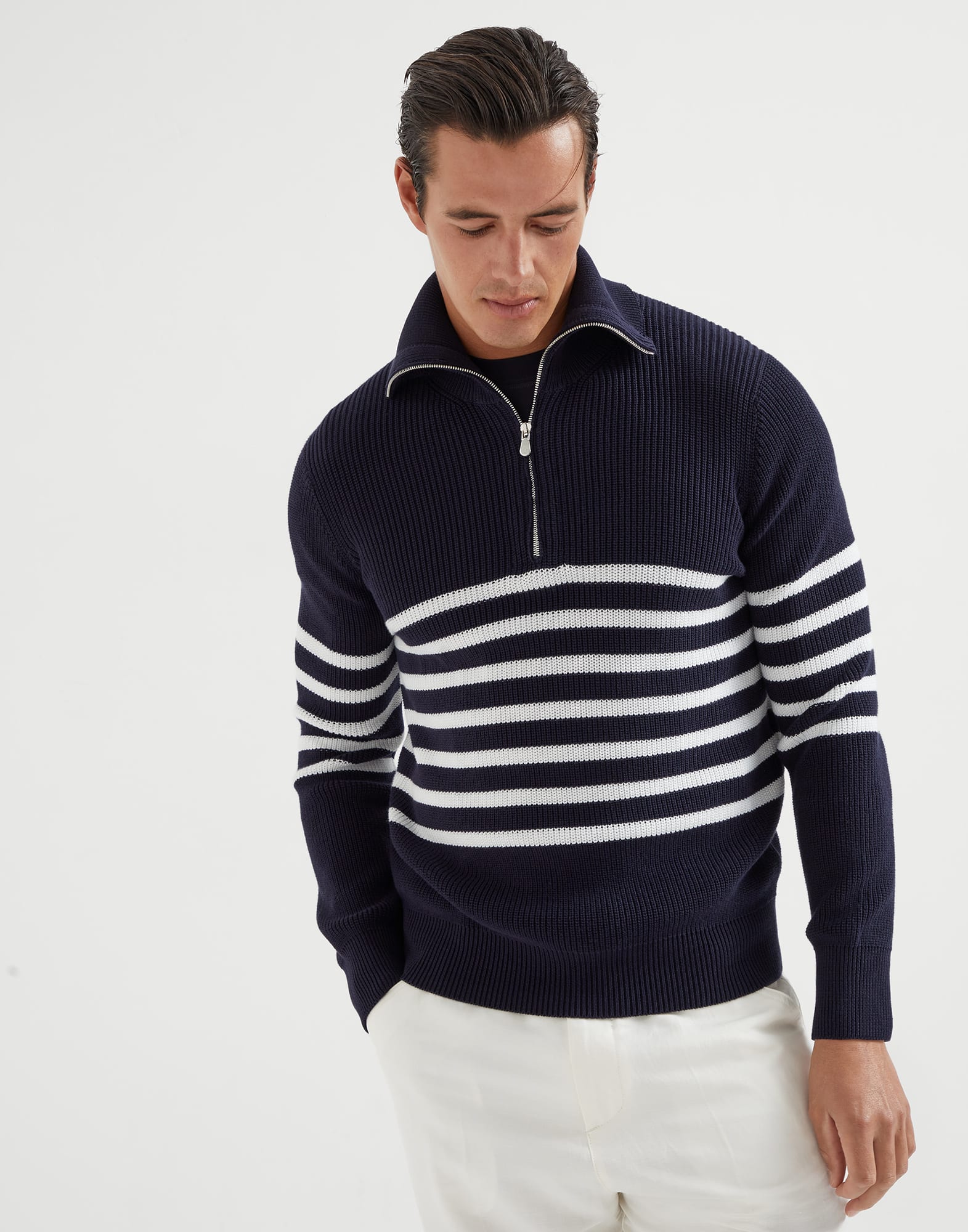 Cotton half English rib striped sweater with half-zip