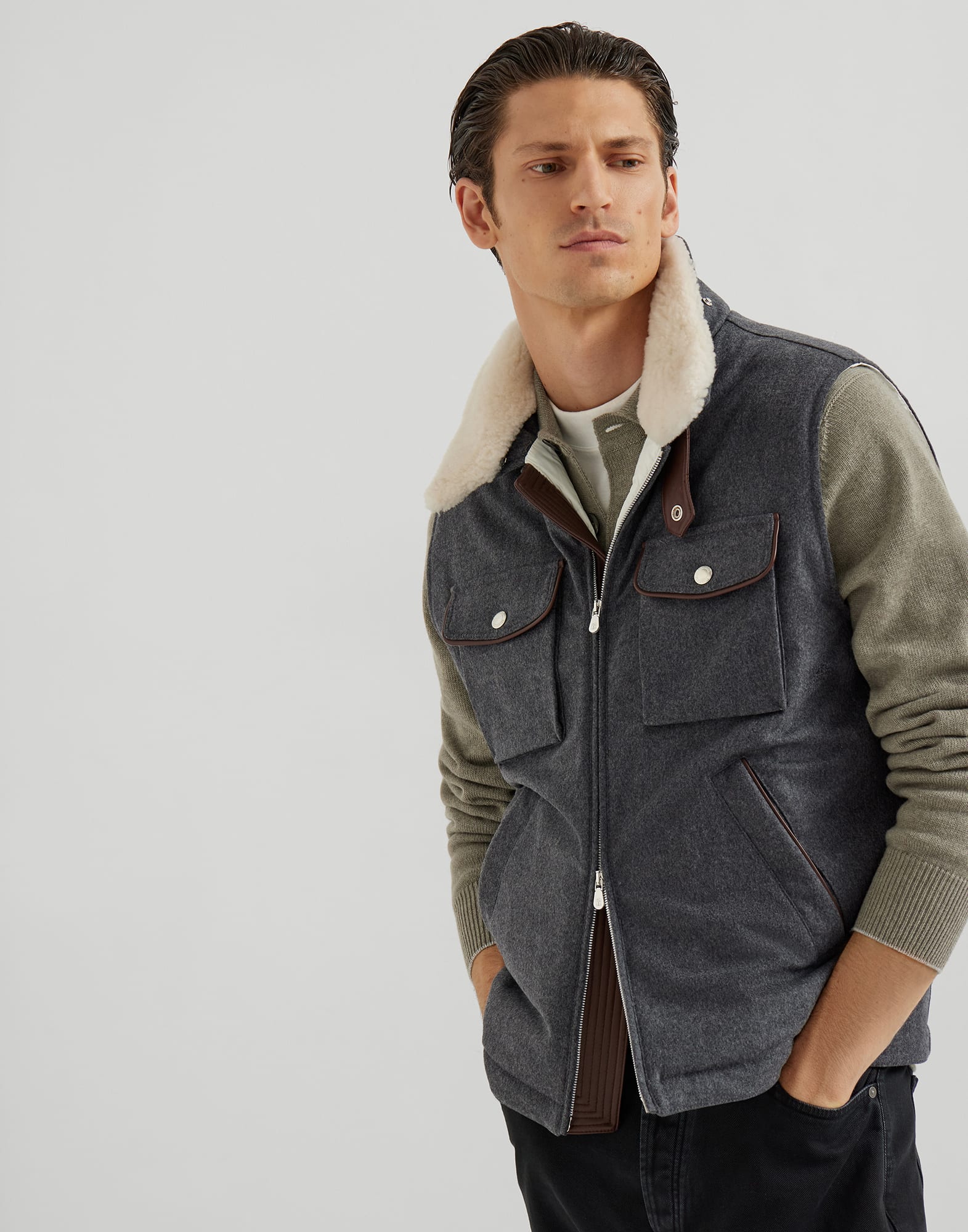 Bonded wool flannel down vest with detachable shearling insert