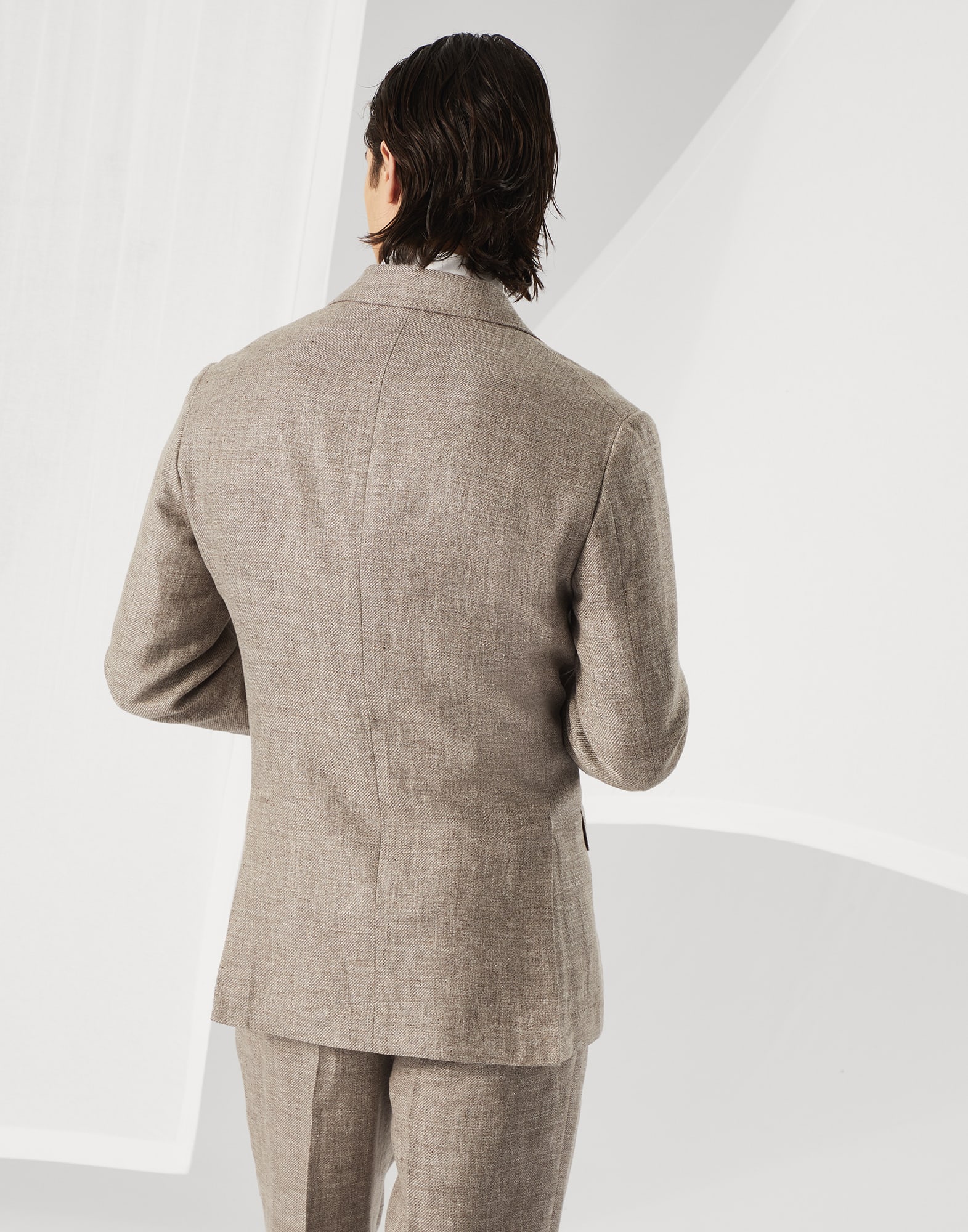 Linen, wool and silk diagonal one-and-a-half breasted deconstructed blazer with metal buttons