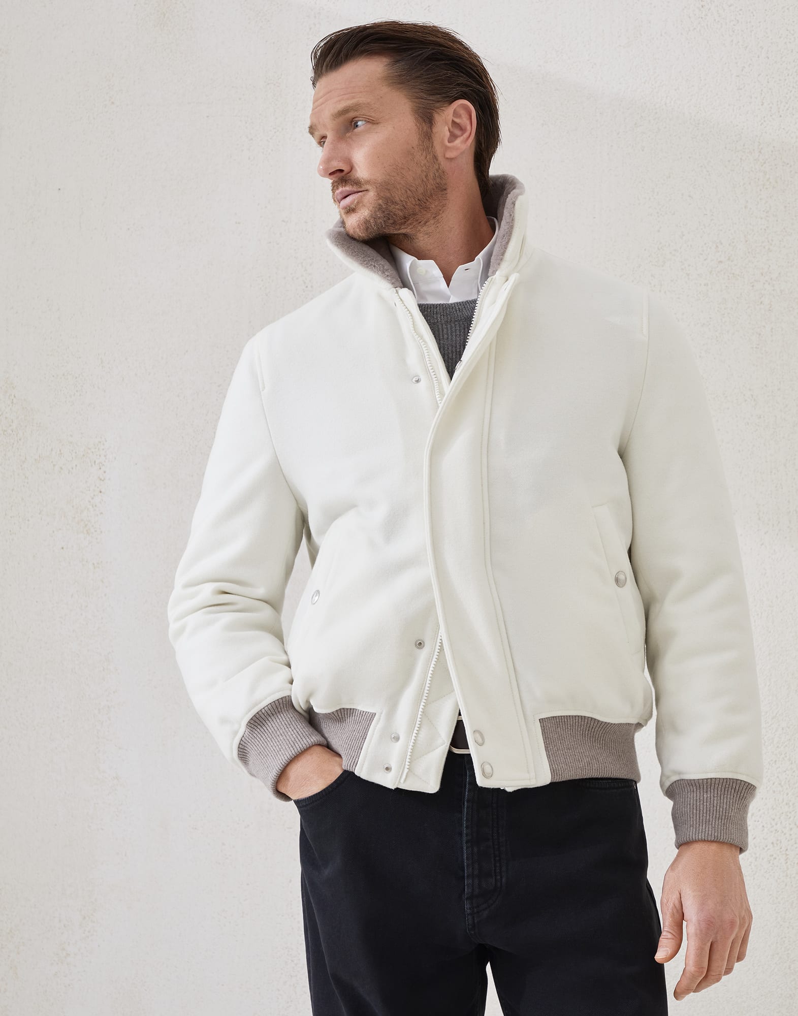 Lightweight water-resistant cashmere aviator jacket with shearling lining