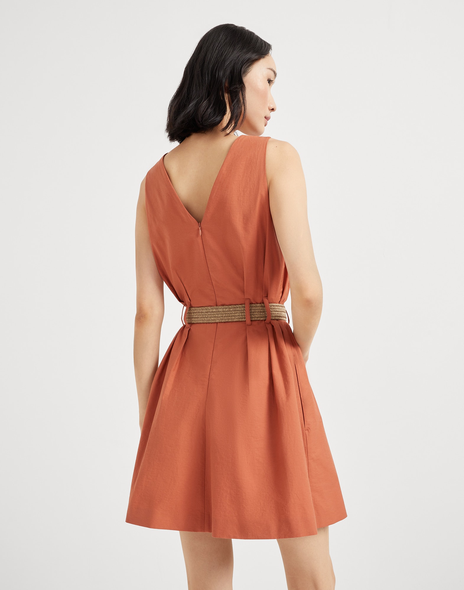 Techno cotton texture twill mini dress with rope and shiny loop belt