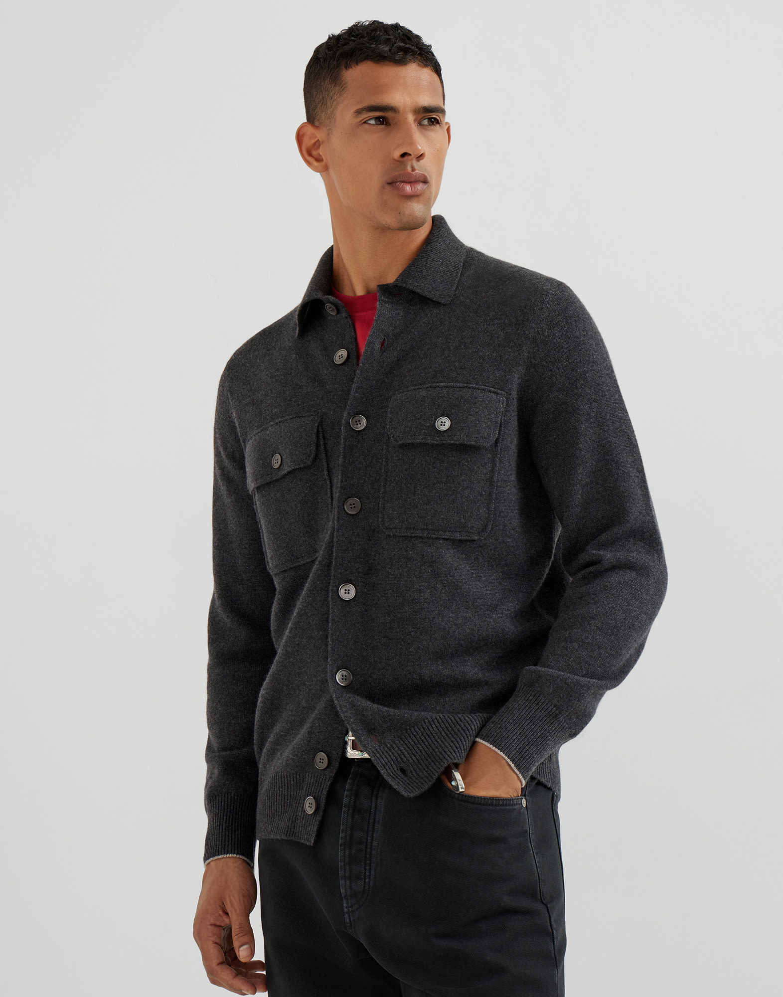 Cashmere shirt-style cardigan with chest pockets