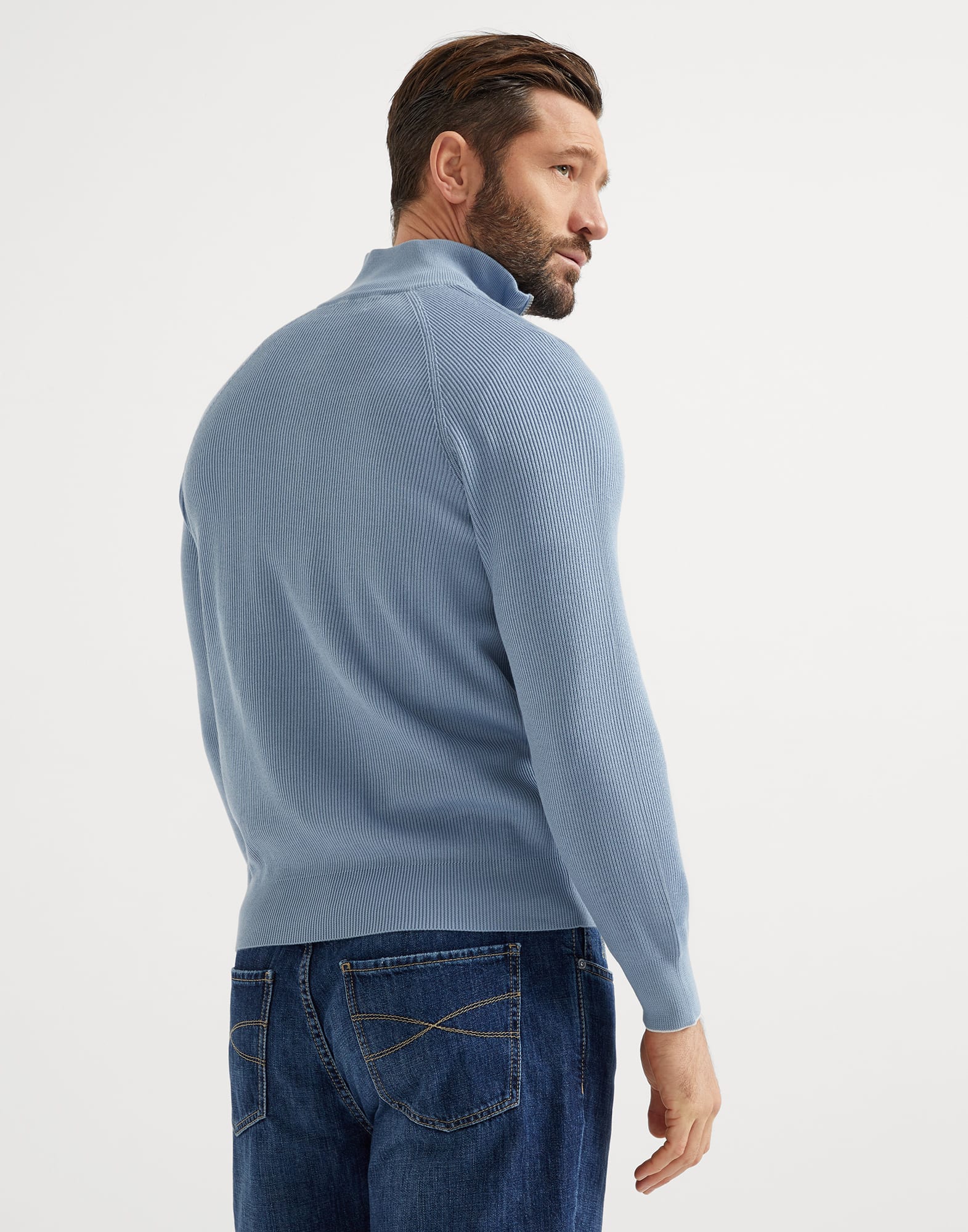 Cotton English rib sweater with half zip and raglan sleeves