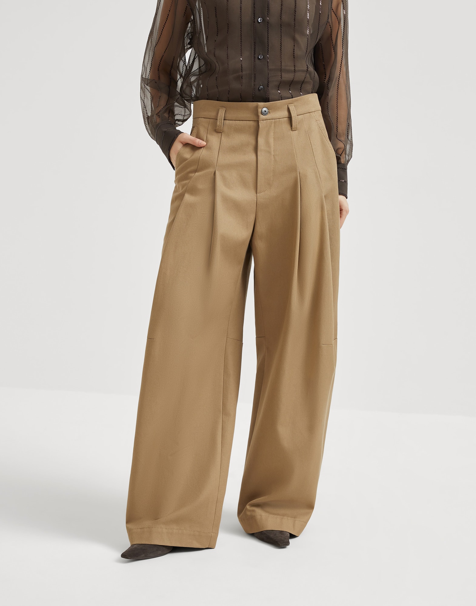 Dyed denim five-pocket baggy trousers with monili