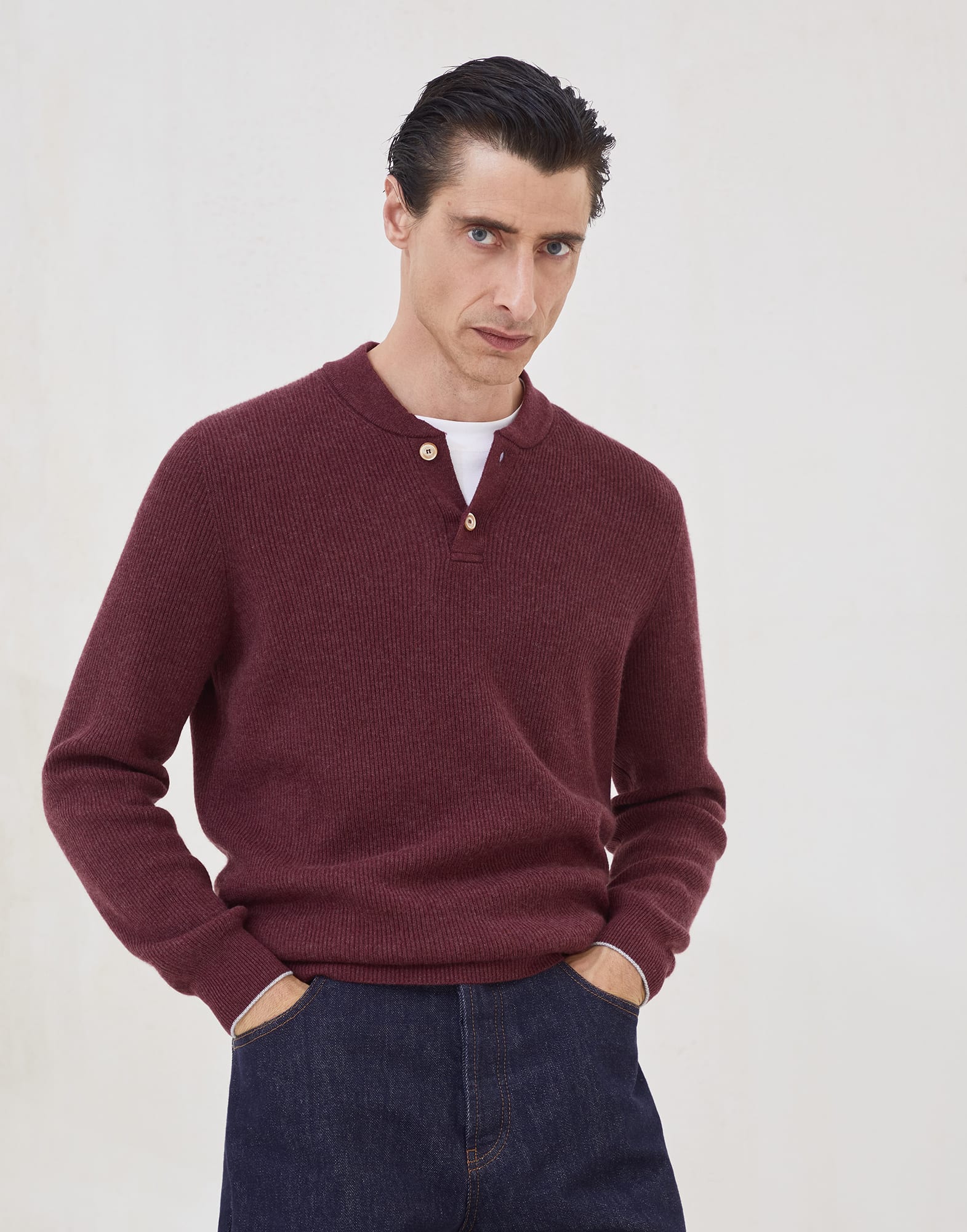 Cashmere English rib sweater with Henley collar