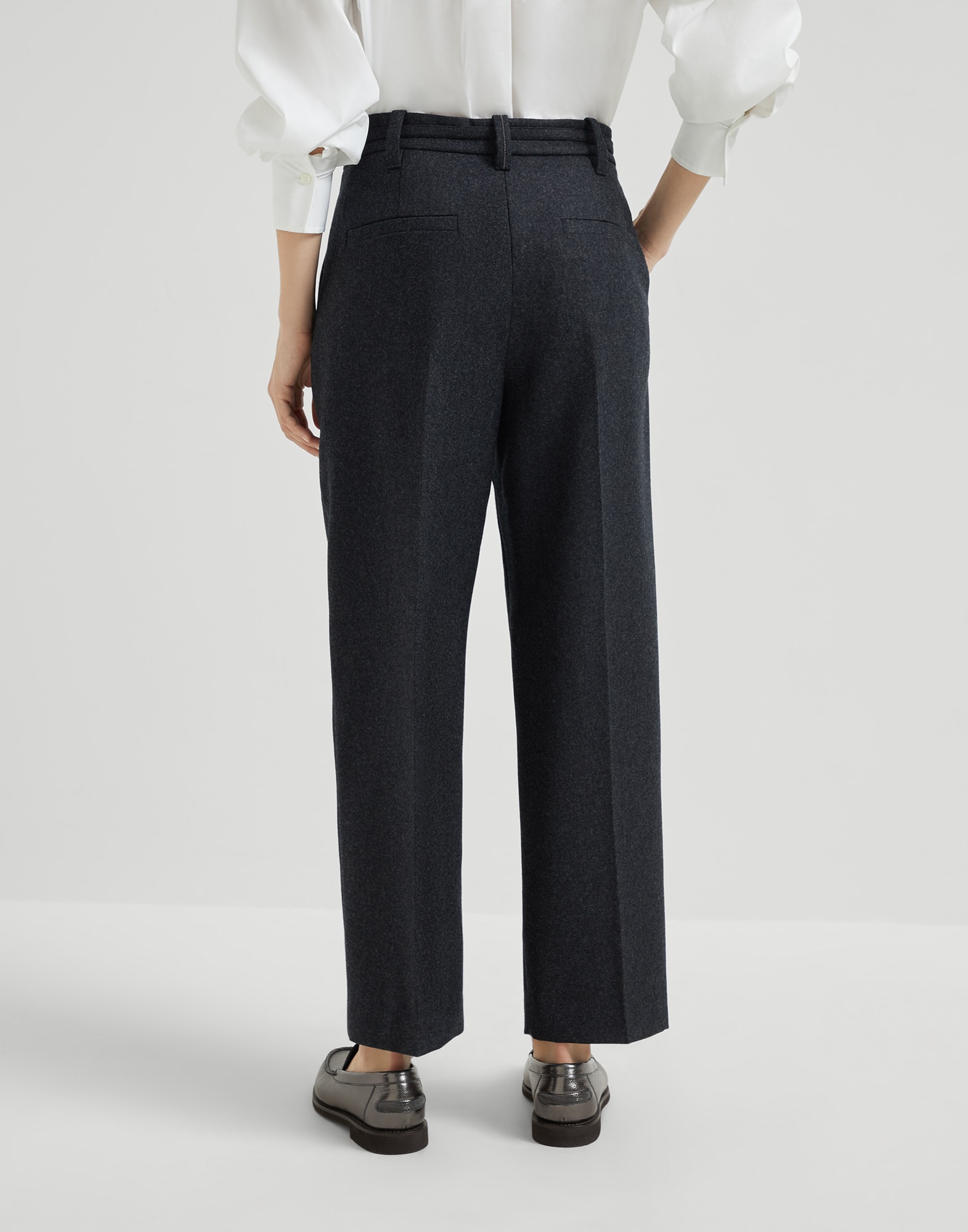 Virgin wool flannel straight cropped trousers with monili