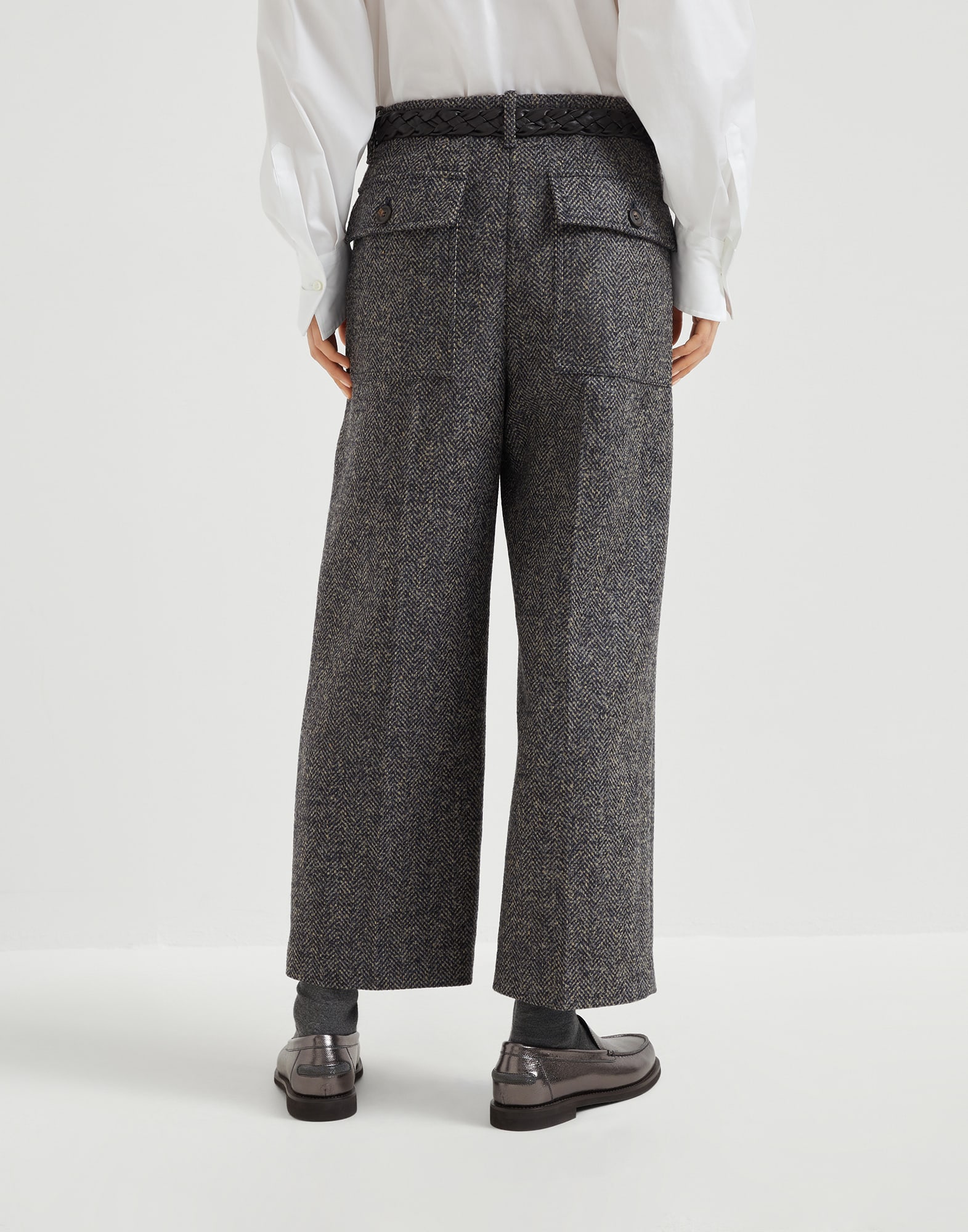 Virgin wool herringbone tweed pleated trousers