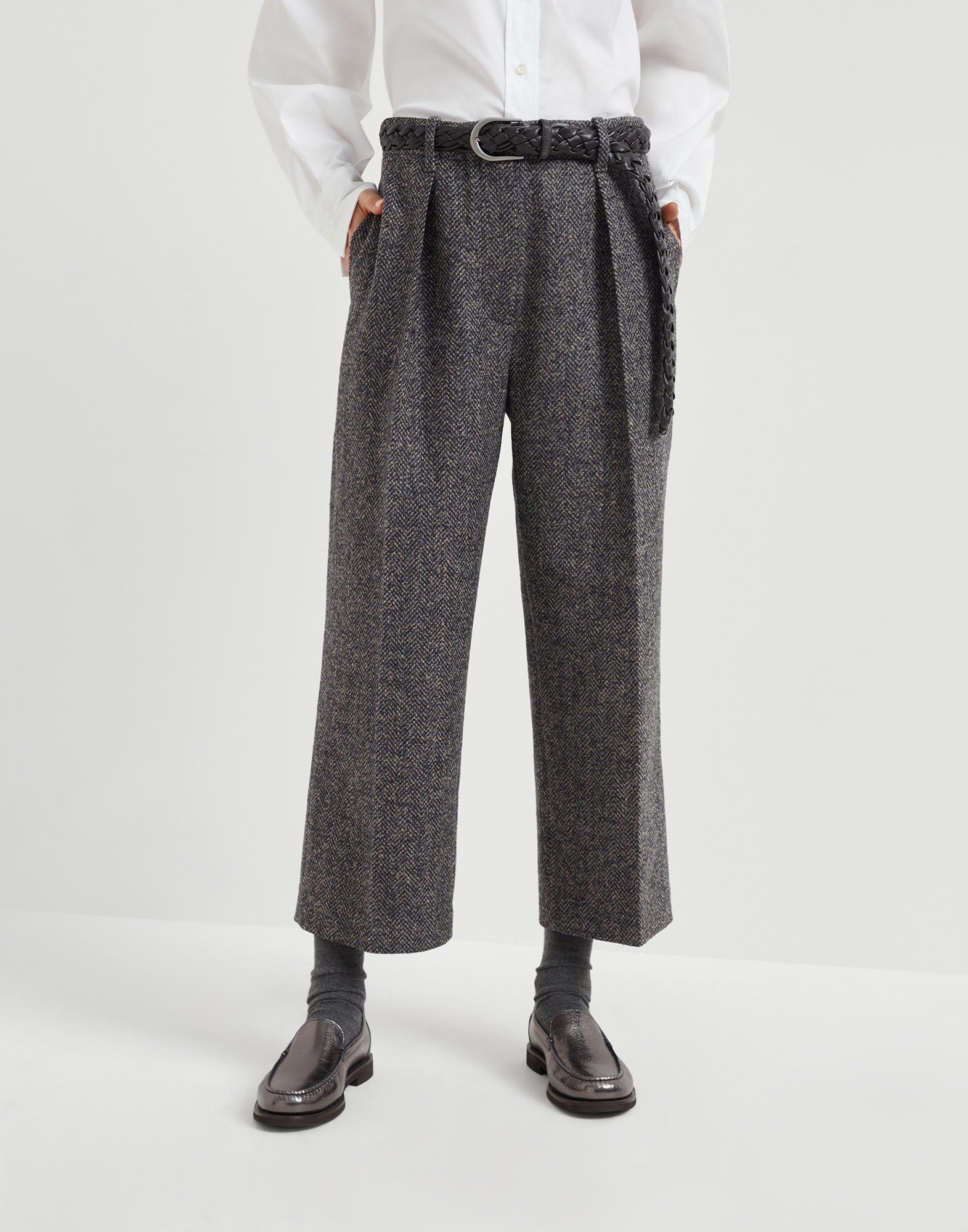 Virgin wool herringbone tweed pleated trousers