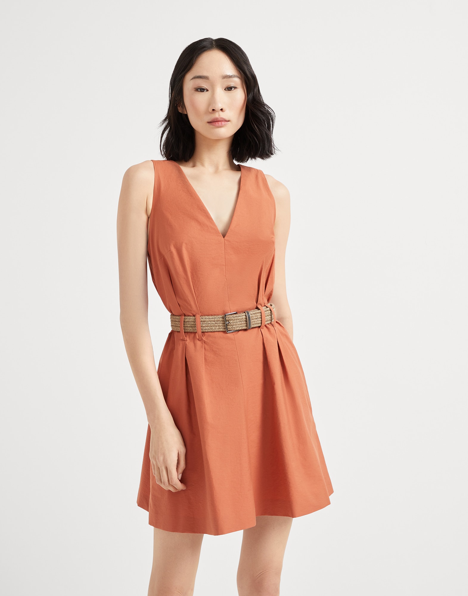 Techno cotton texture twill mini dress with rope and shiny loop belt