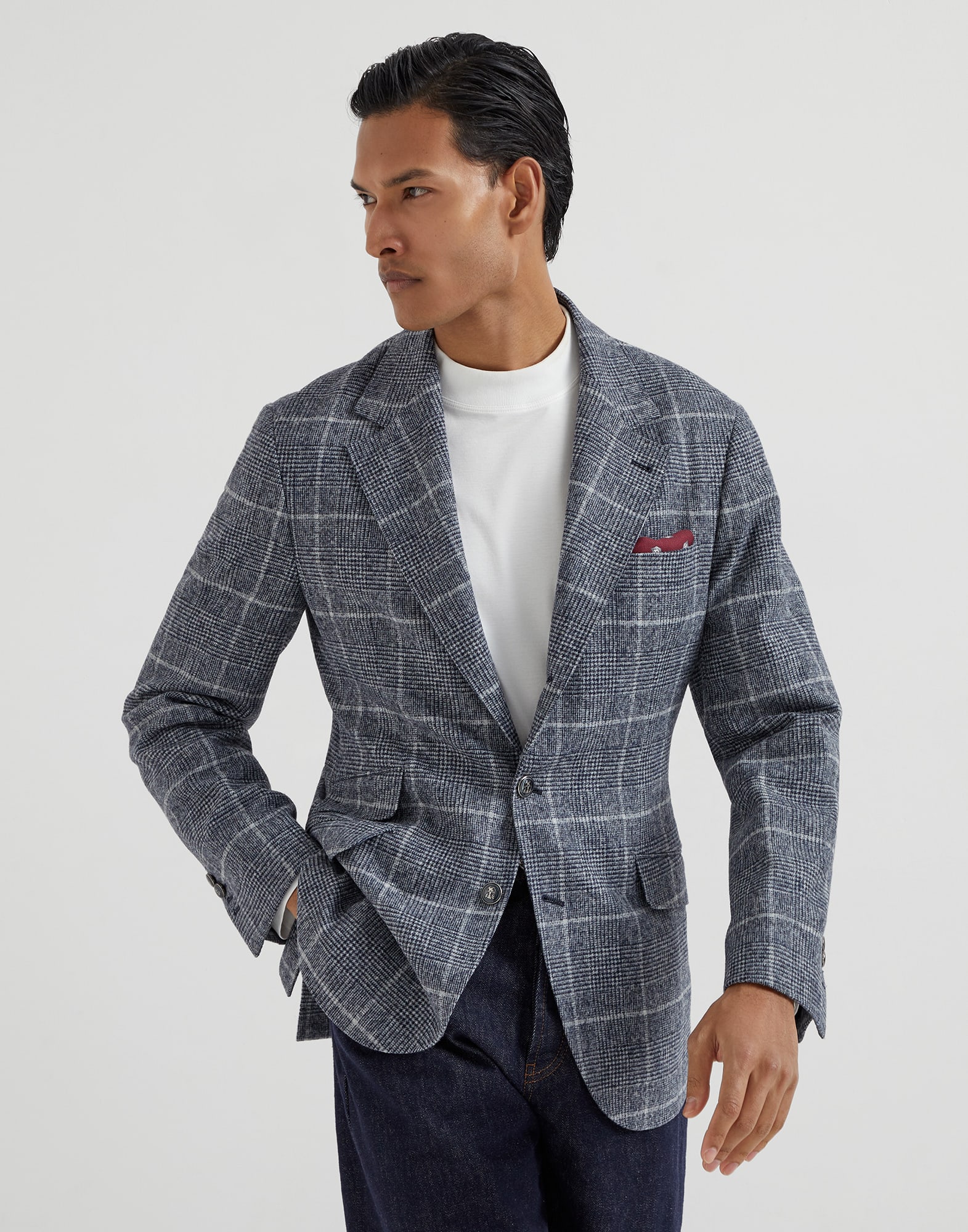 Alpaca and wool overcheck Prince of Wales deconstructed Cavallo blazer with metal buttons