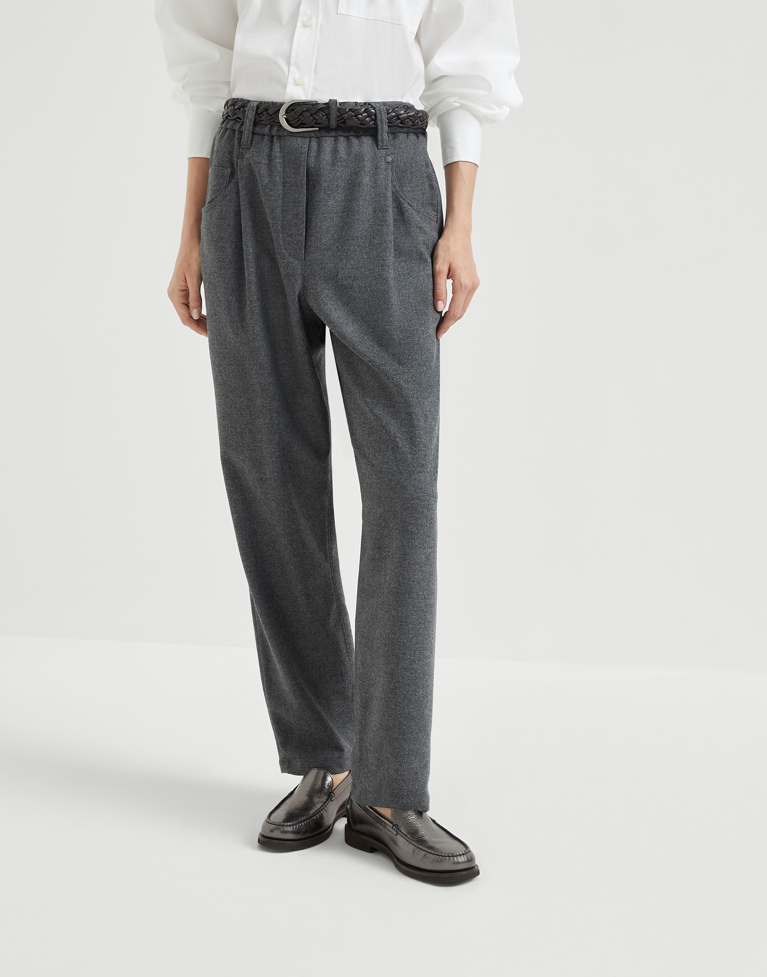 Virgin wool and cashmere twill flannel baggy trousers with monili