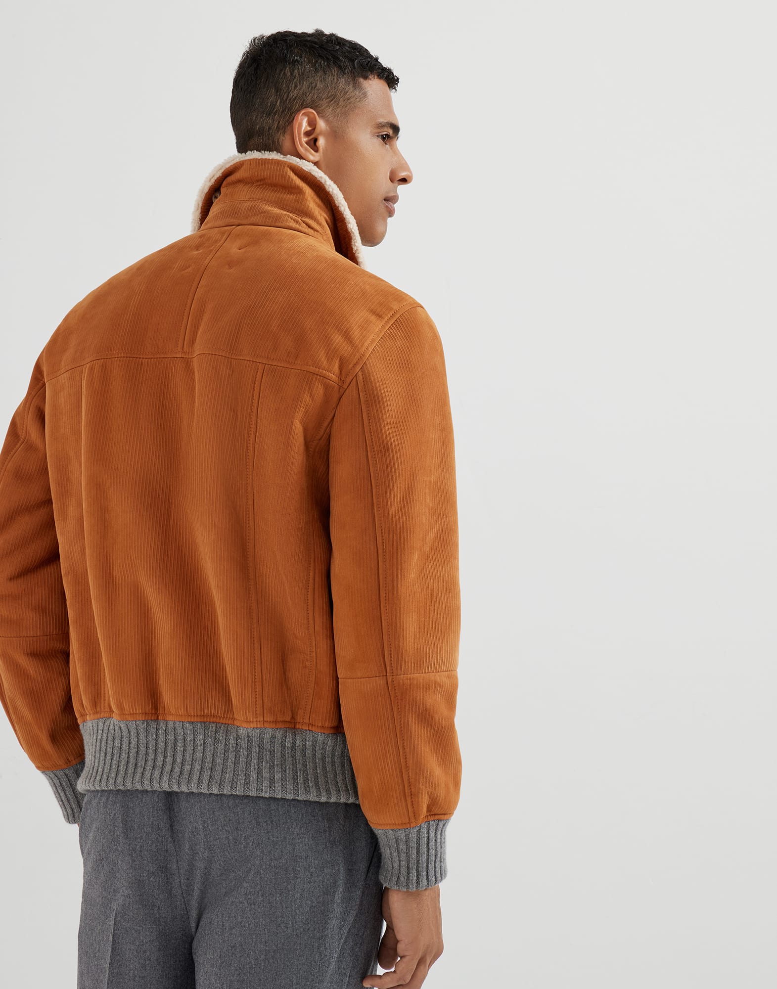 Corduroy-effect suede shearling aviator jacket with cashmere knit inserts