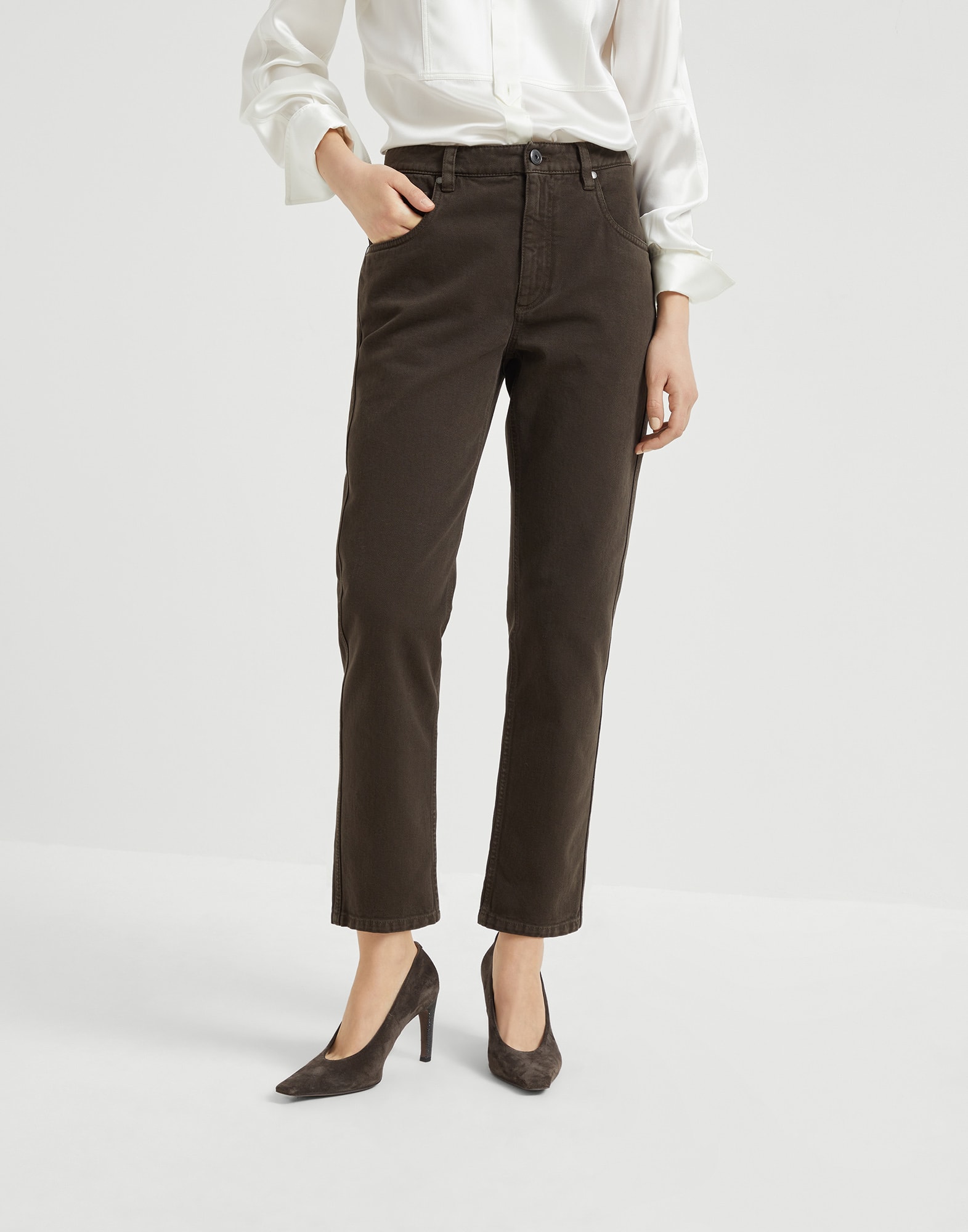 Dyed denim five-pocket straight trousers with shiny bartack