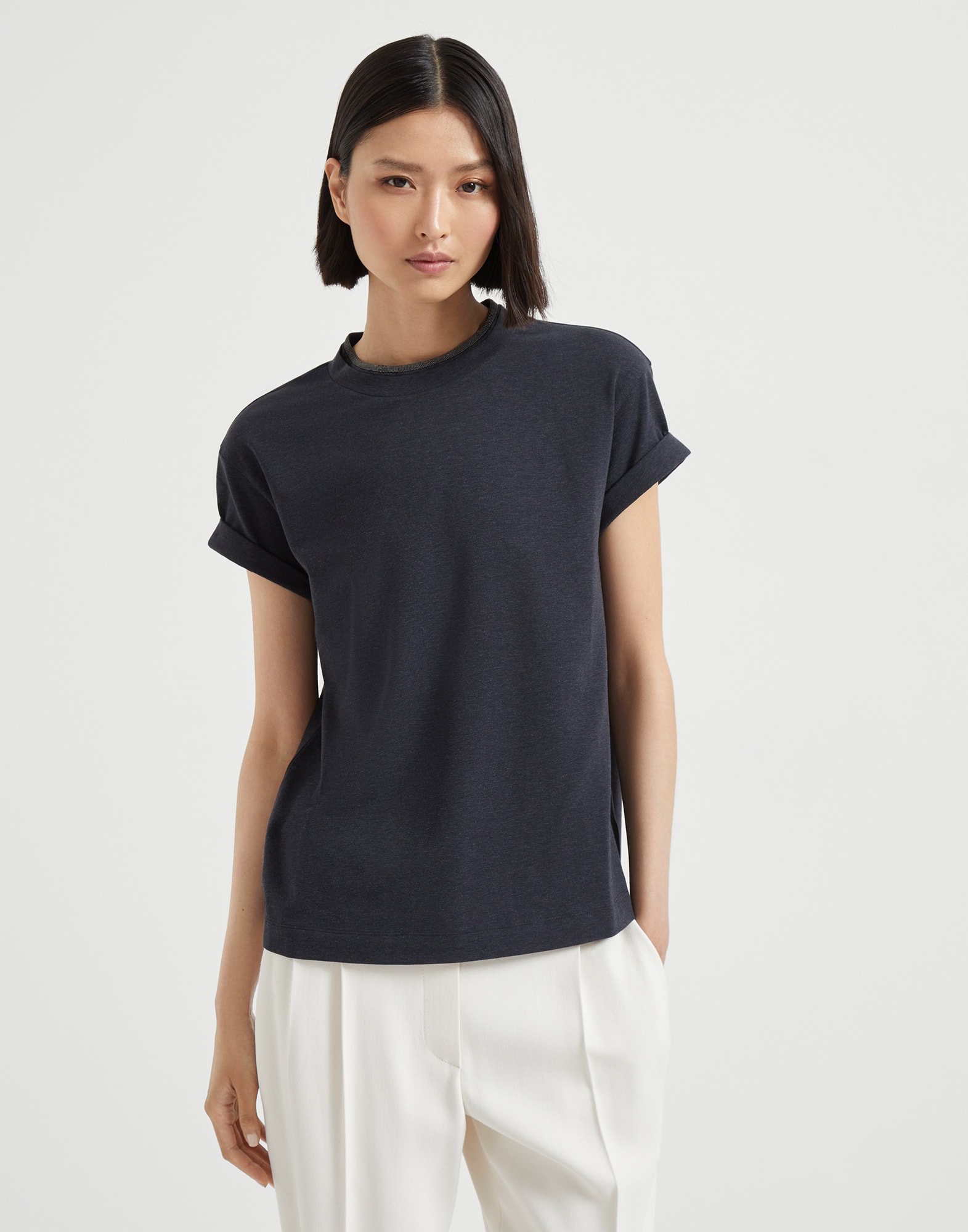Stretch cotton jersey T-shirt with precious faux-layering