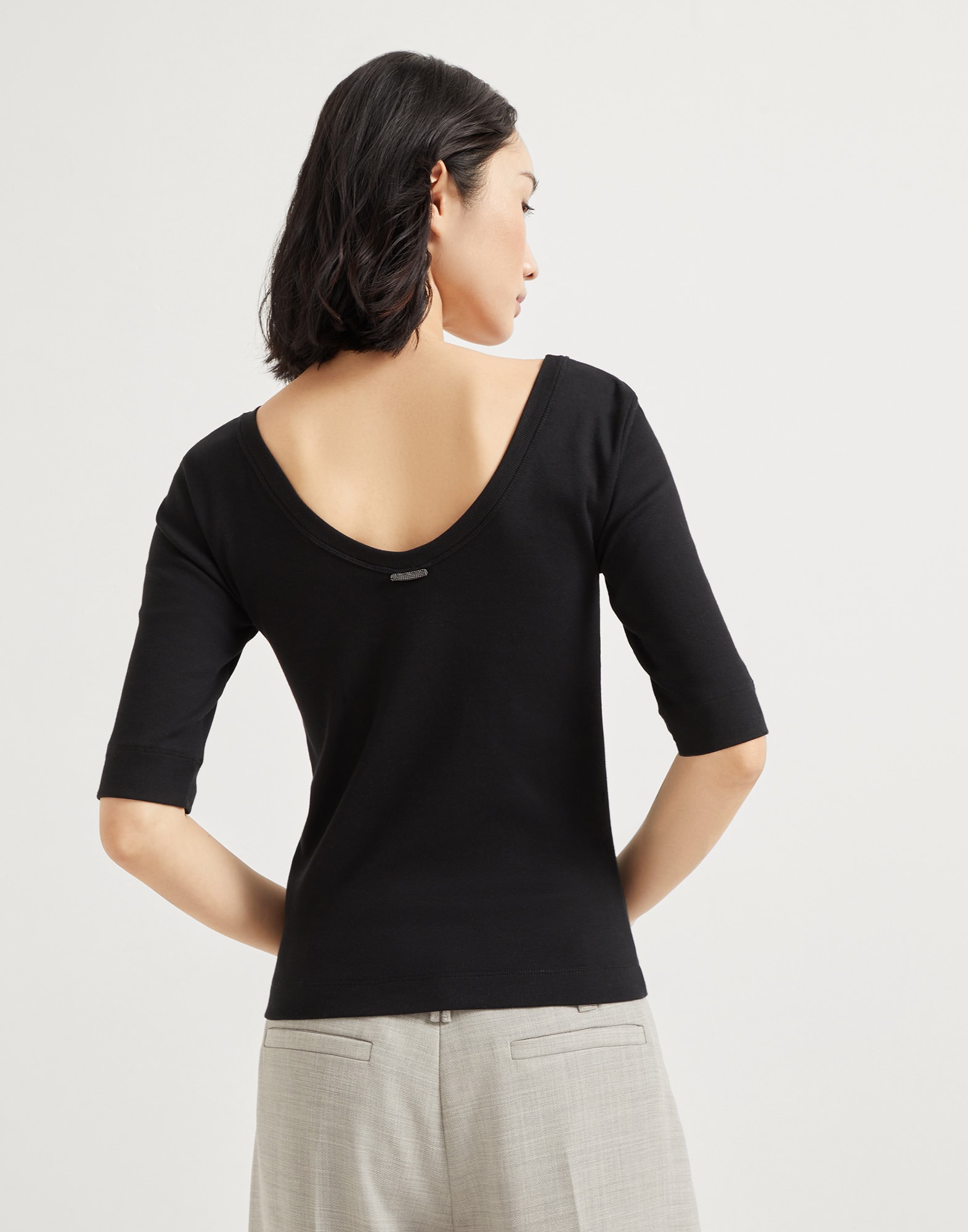 Stretch cotton ribbed jersey T-shirt with monili