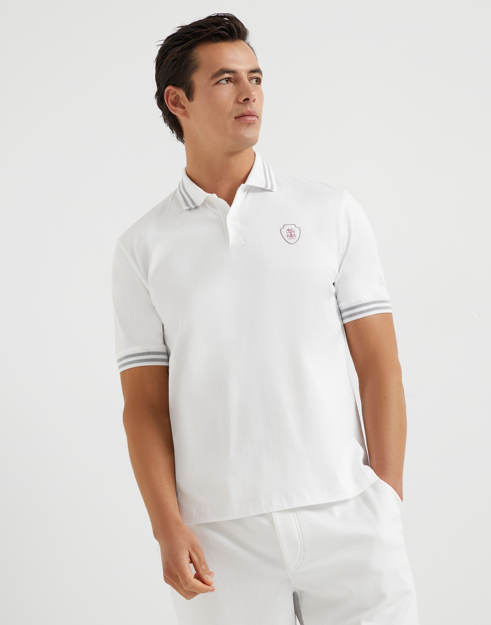 Cotton jersey polo shirt with striped collar and logo