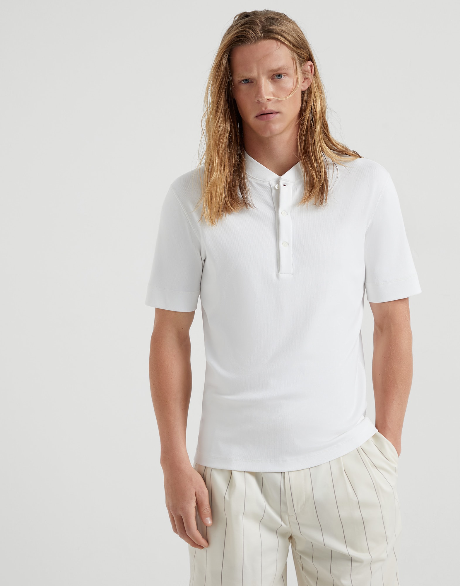 Ribbed stretch cotton and modal jersey T-shirt with Henley collar