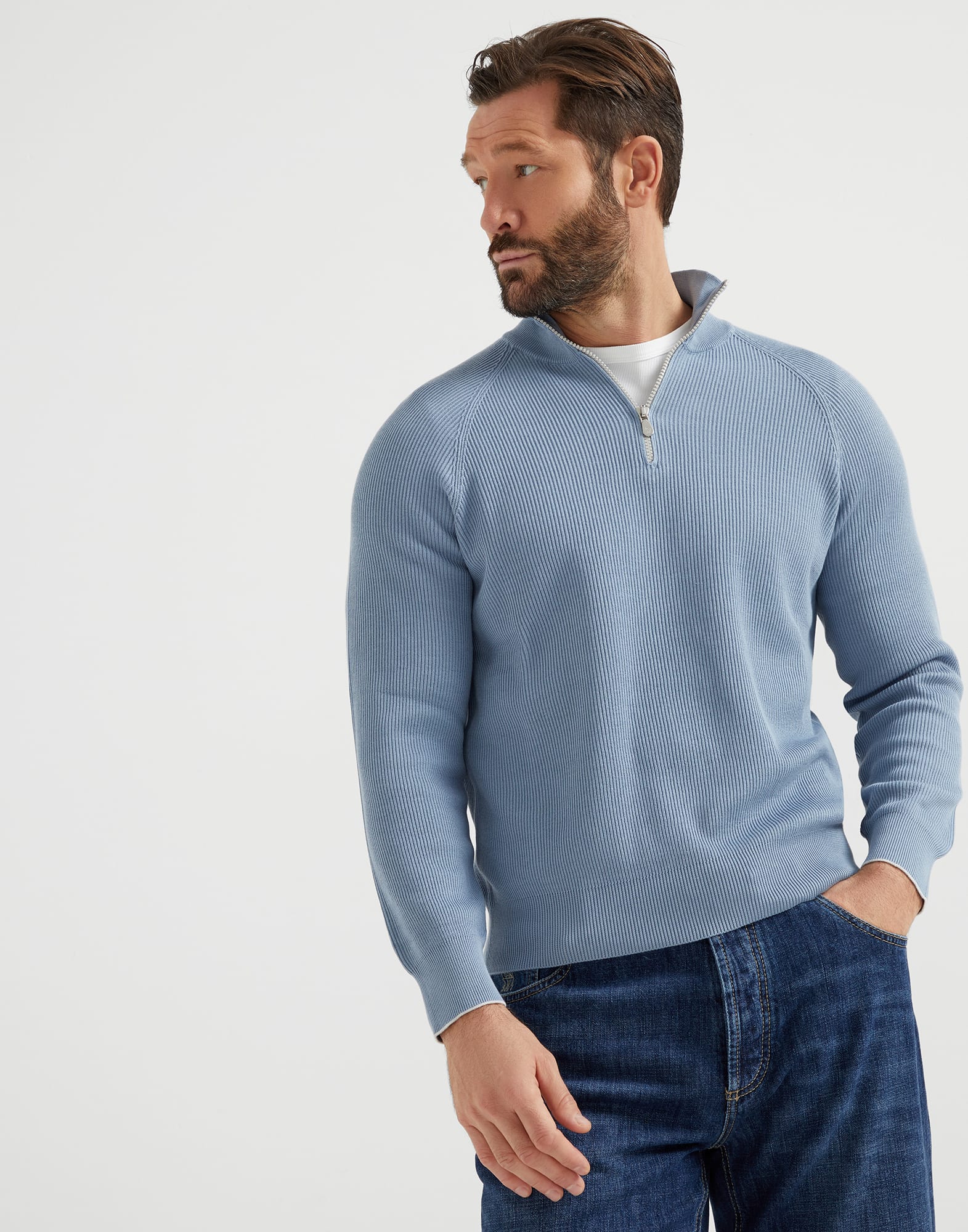 Cotton English rib sweater with half zip and raglan sleeves