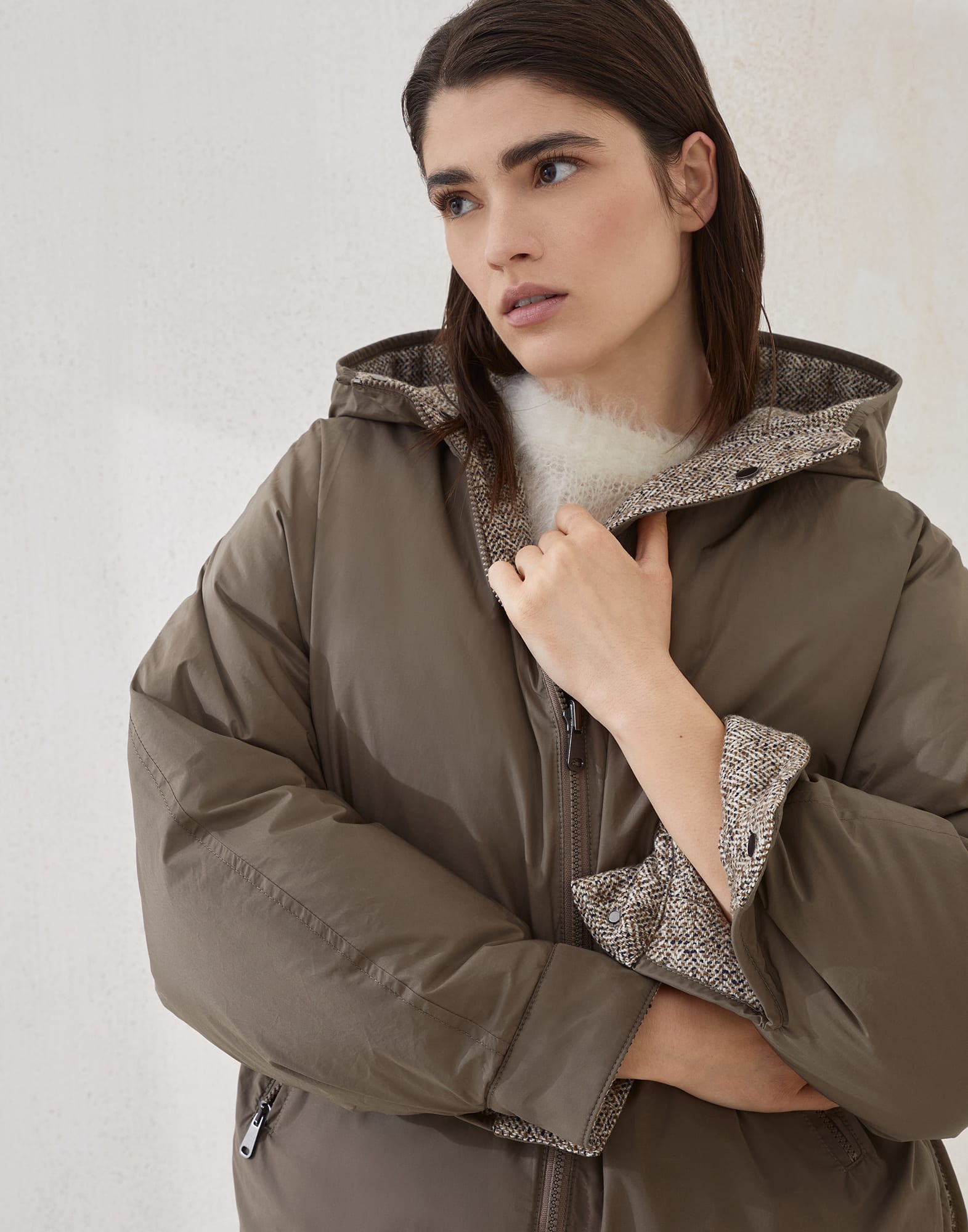 Flecked virgin wool and silk chevron hooded down jacket