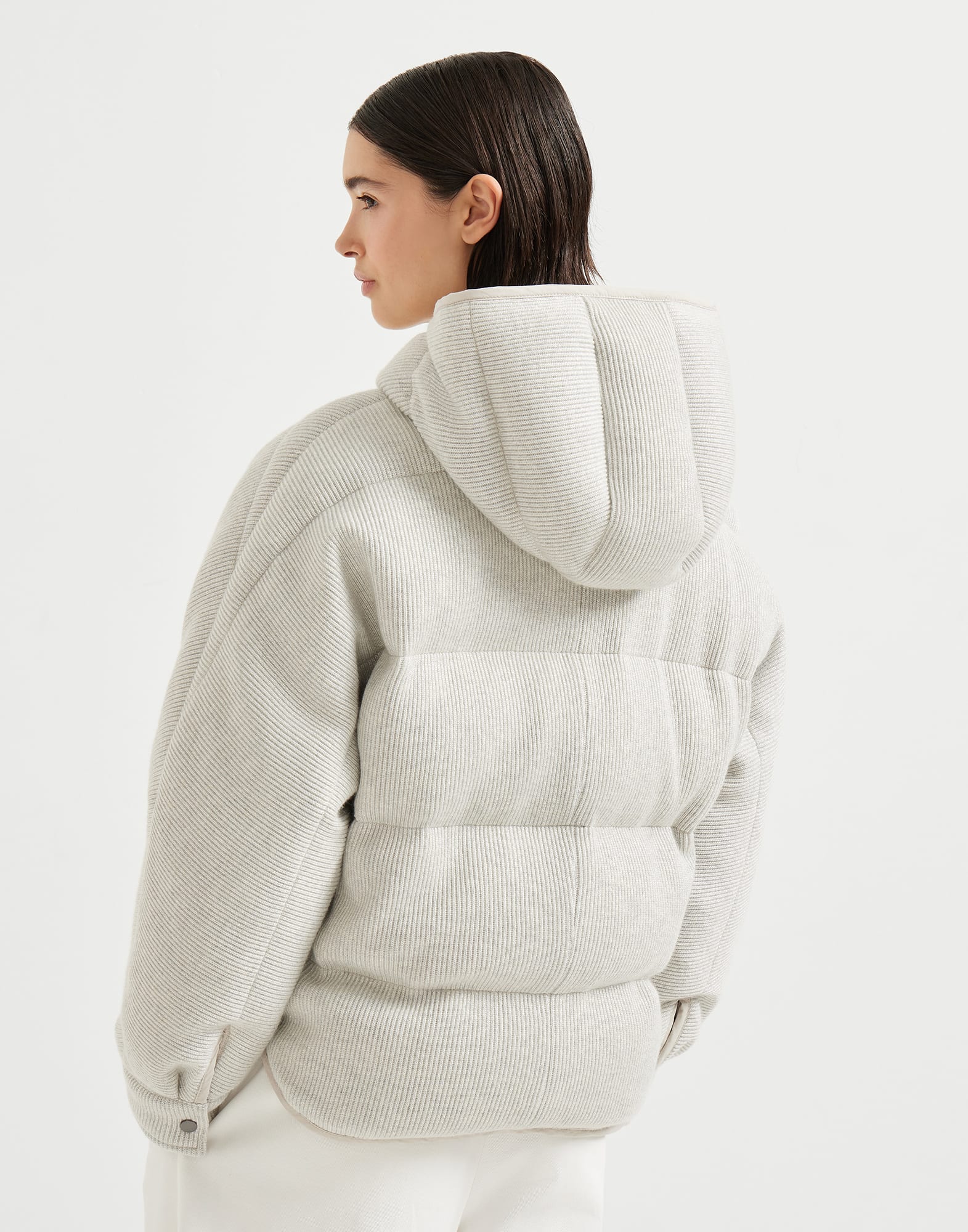 Sparkling cashmere English rib knit hooded down jacket with shiny zipper pull