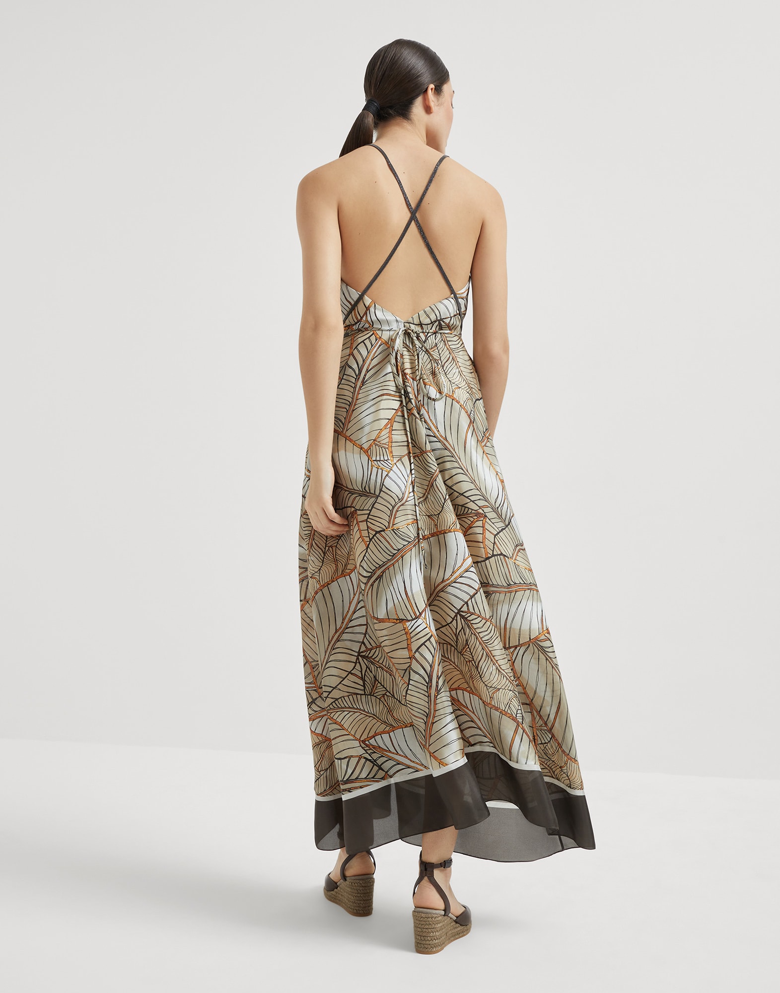 Silk papyrus print pongée dress with precious straps