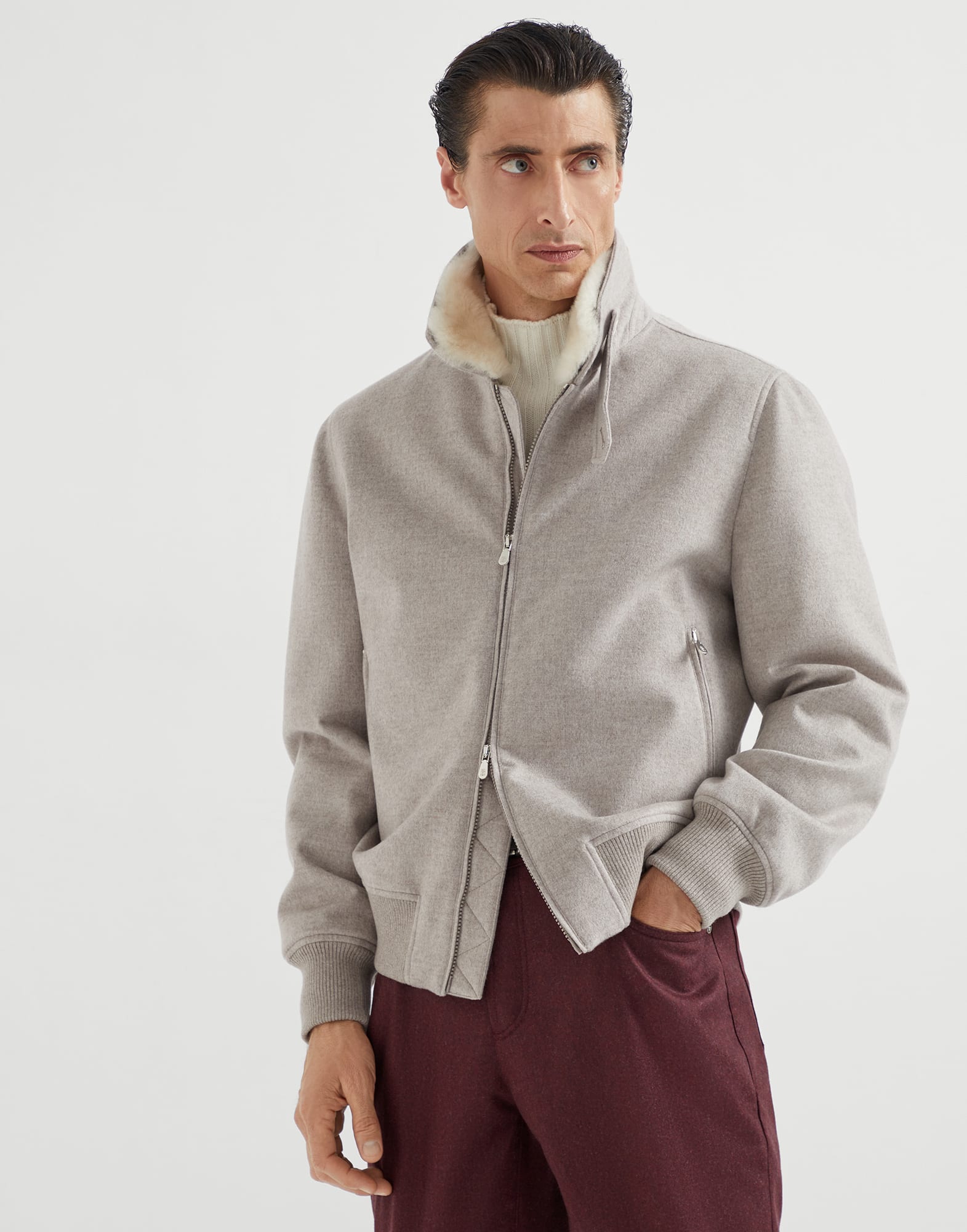 Bonded cashmere beaver cloth bomber jacket with detachable shearling insert and Thermore® padding