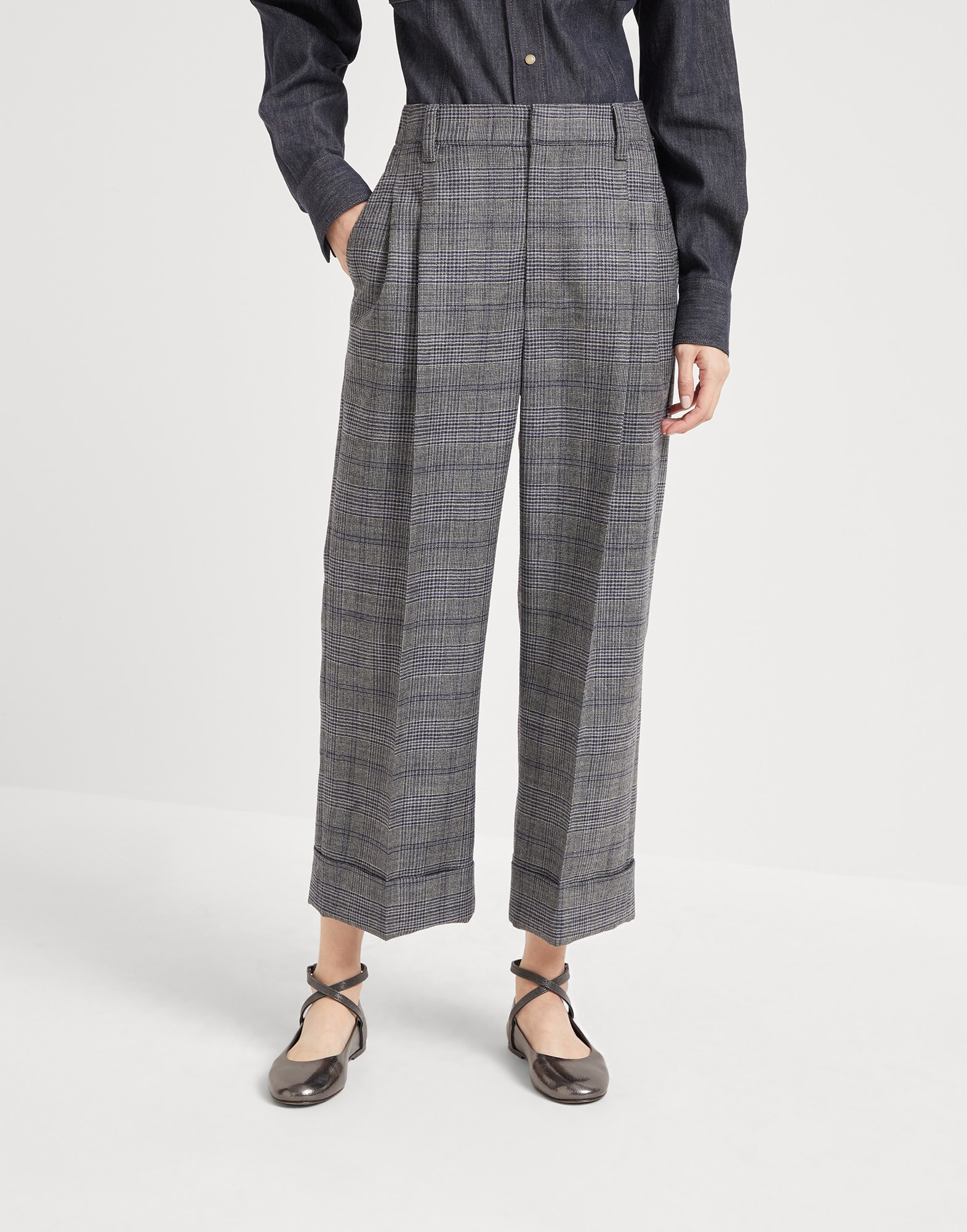 Virgin wool Prince of Wales cropped sartorial trousers with monili