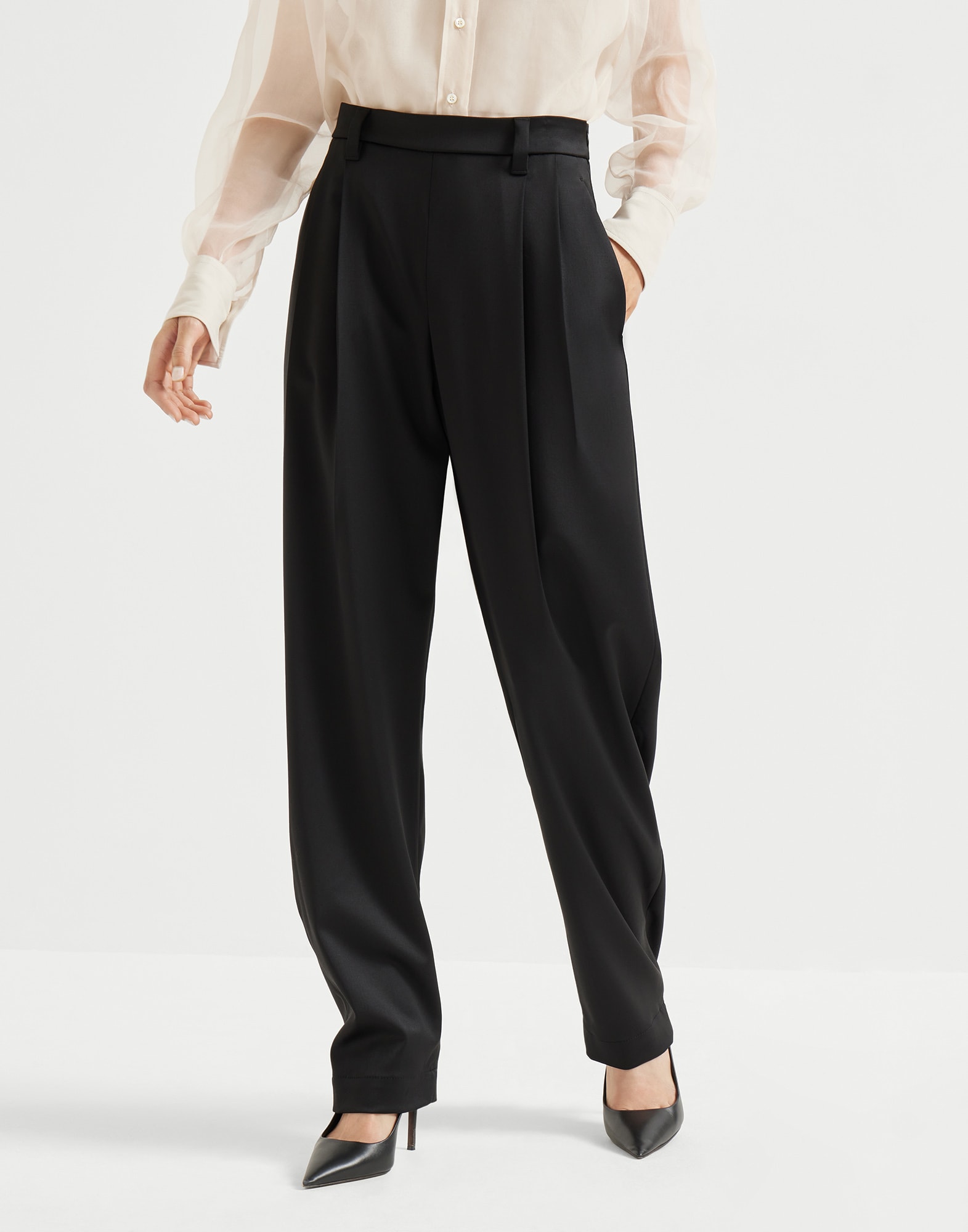 Virgin wool stretch satin slouchy trousers with monili