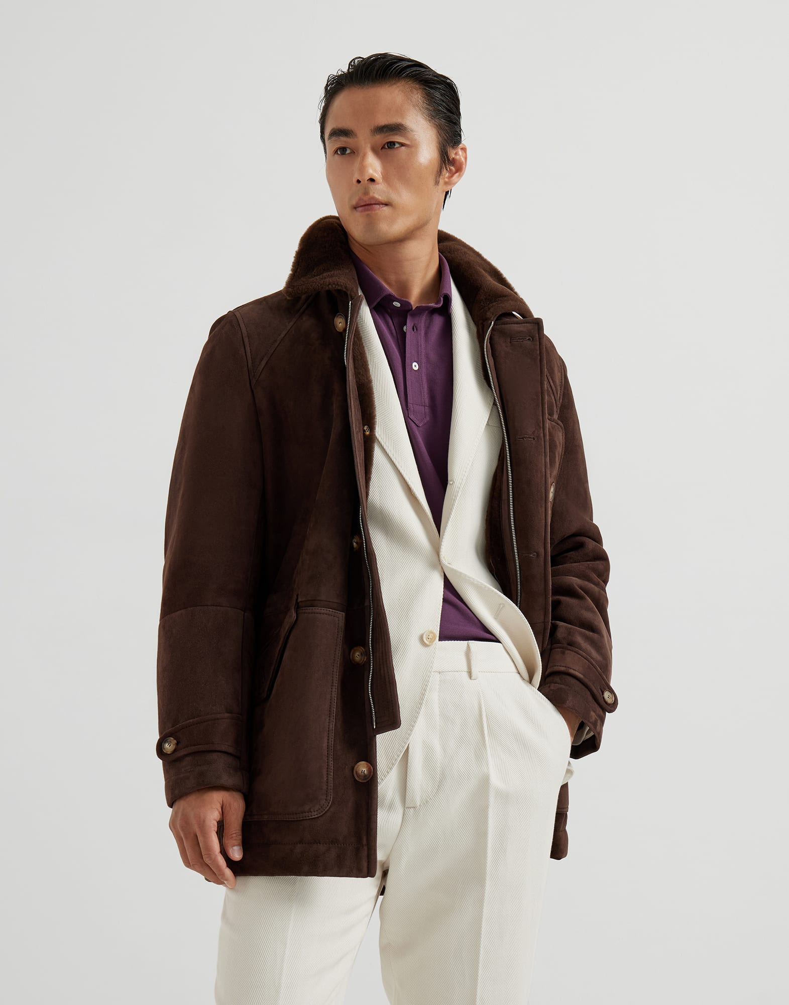 Tone-on-tone suede shearling coat