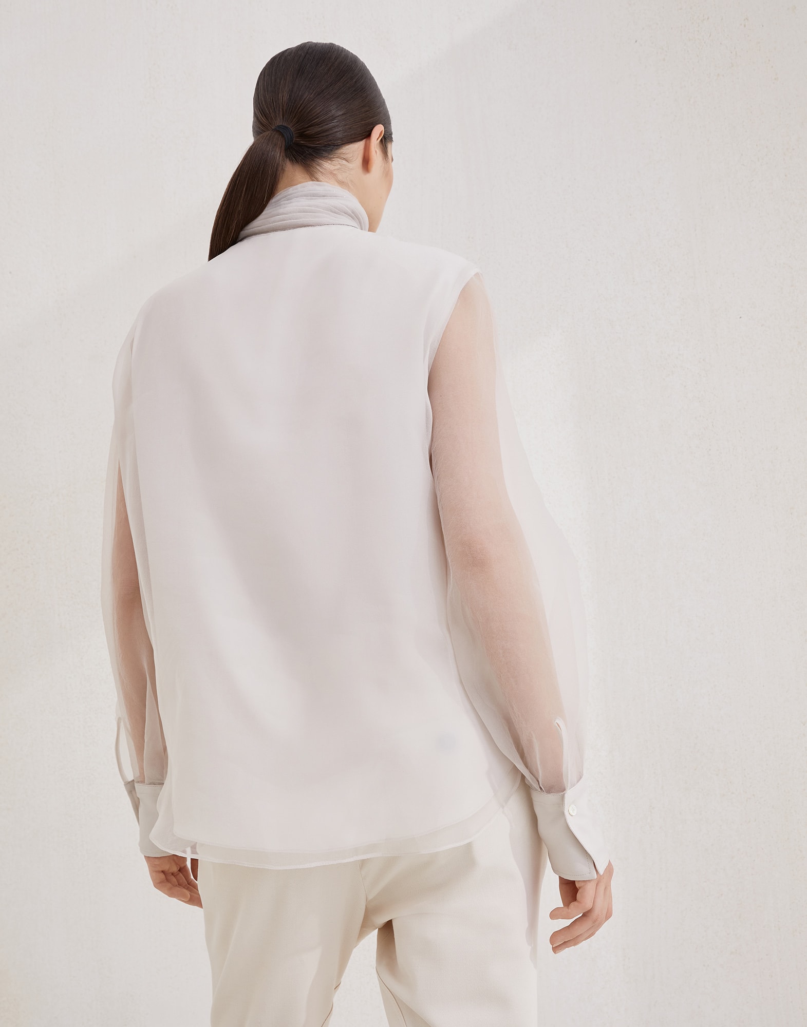 Crispy silk pussybow blouse with monili