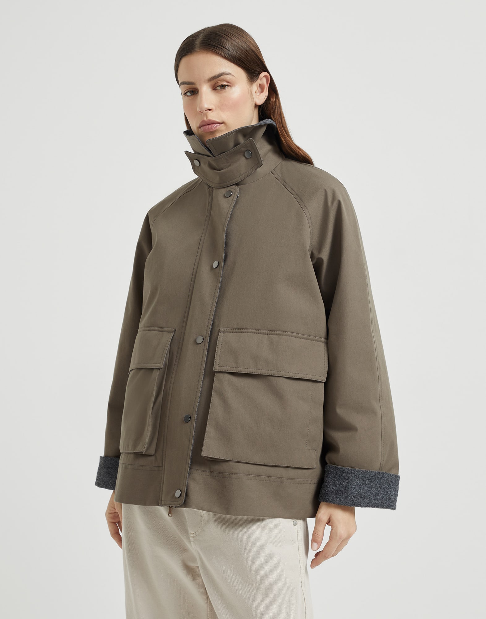 Techno cotton canvas outerwear jacket with Thermore® padding and shiny trim